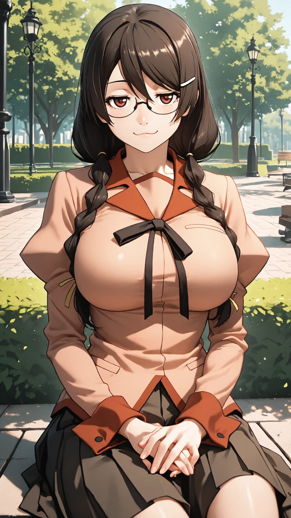 Hanekawa,masterpiece,最High Quality,High Quality,1girl,solo,What's more _high_school_uniform,long_SLEEVES,day,Parks,lamp post,sitting,hands together,refer to_together,cowboy_shot,looking for_in_viewer,of,Close,:3,