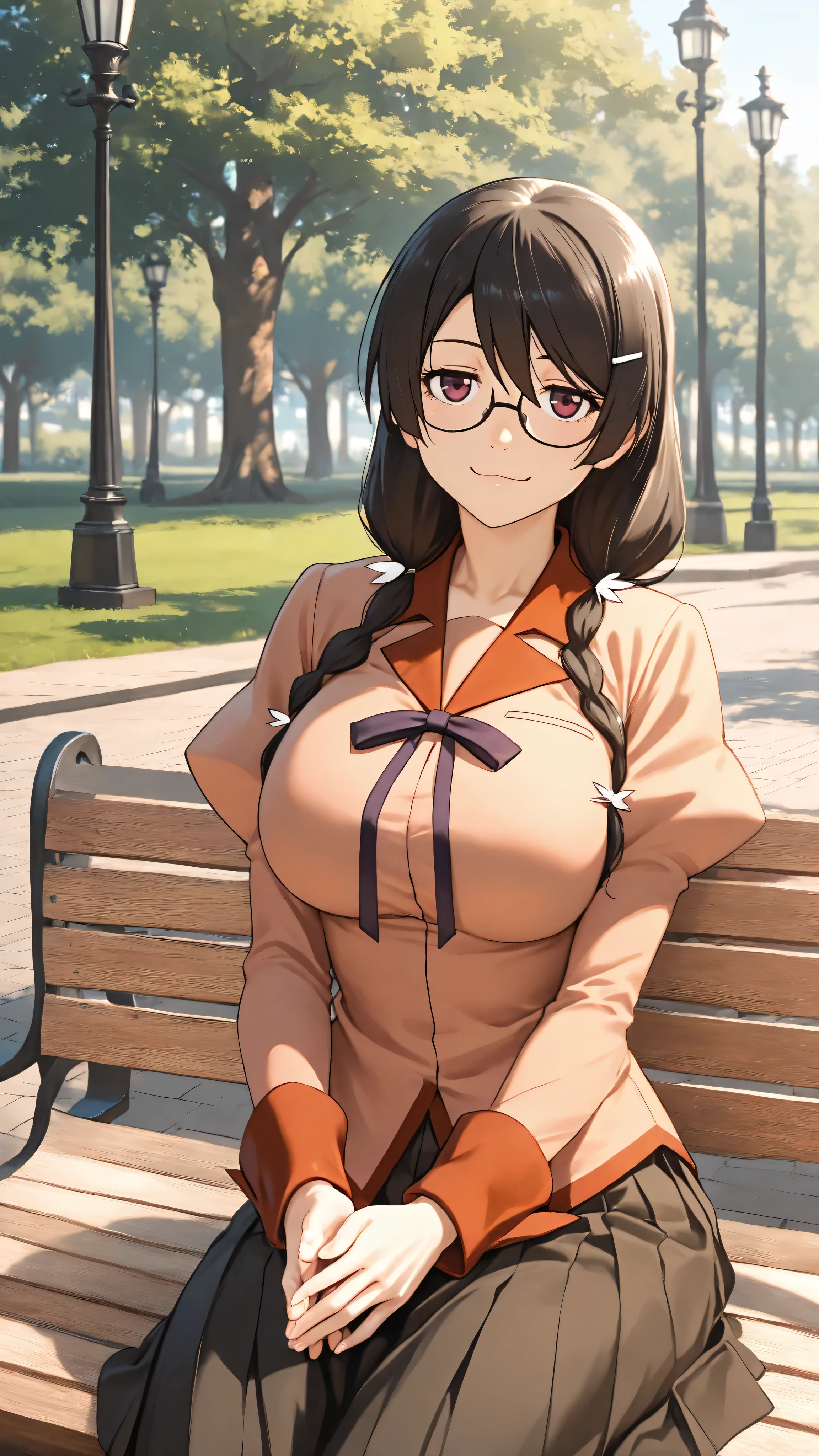 <lora:illustrious_XL_hanekawa_v2:0.8>,hanekawa,masterpiece,best quality,good quality,1girl,solo,naoetsu_high_school_uniform,long_sleeves,day,park,lamppost,sitting,hands together,fingers_together,cowboy_shot,looking_at_viewer,smirk,jitome,:3,