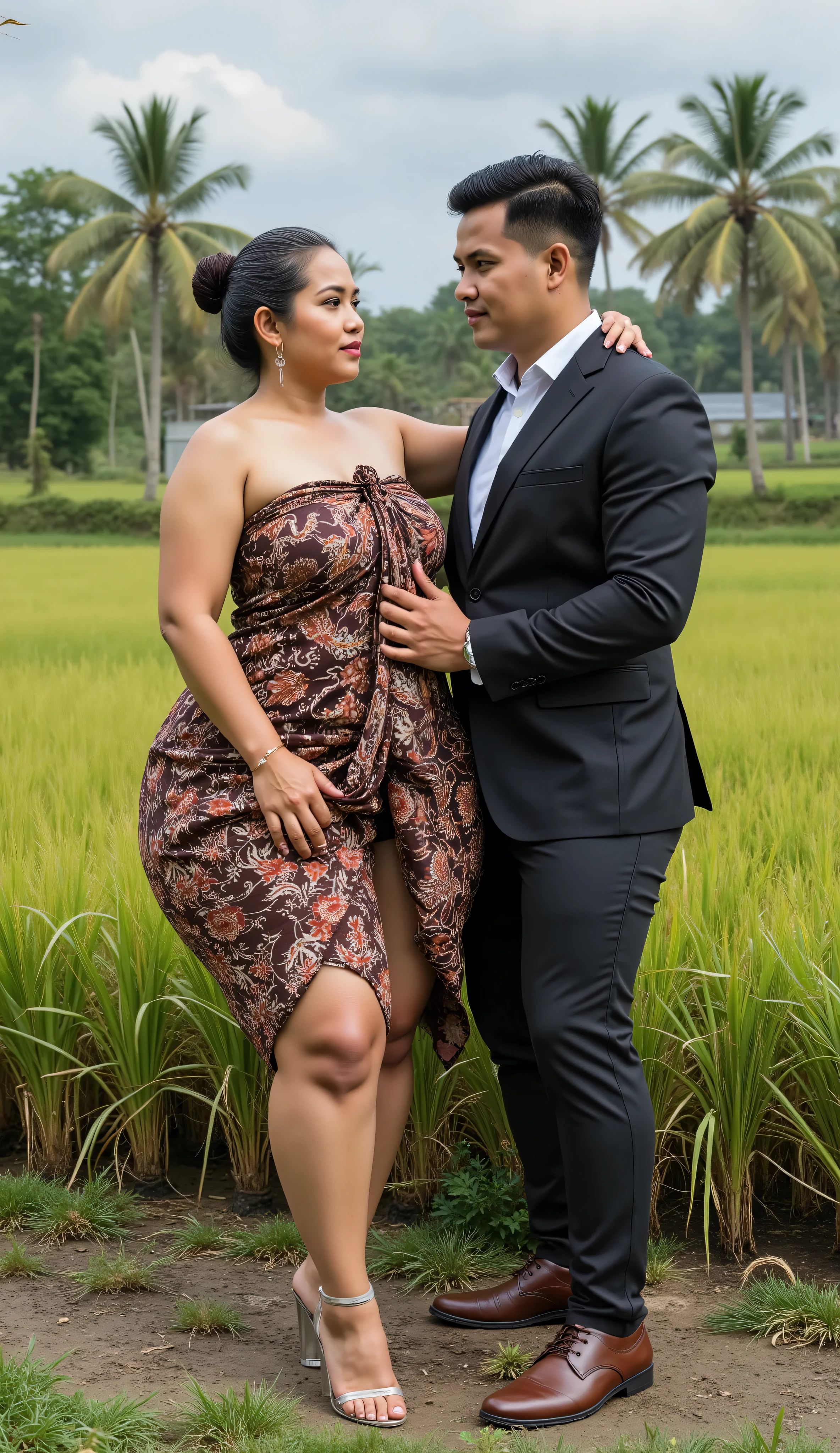 A Javanese attractive mature woman with a provocative curvaceous body, is 60 years old and has a figure with prominent curves, a plump with perfect proportions curves, generous curves and plus-size, a body with an hourglass figure, her voluptuous wide hips harmonize with slender wasp waist, with wide legs and wide thighs well-shaped, and her butt in good shape, plump and shaped buttocks. She has characteristics typical of her age, slight wrinkles on her face and gray hair, long hair with an elegant Bun style hairstyle, has beautiful and fine facial features. She wore a loose batik-kemben and transparent-glass high-heels. She was in the middle of a beautiful rice field, she is a girlfriend for her young skinny son 20 years old. He was wearing a casual suit and had black hair, He is next to her, look face to face , he holds her with passion and places his hand close to her buttocks and his other hand hold her breast. they was captured is a modern hyperrealistic cinematic style, captured on a full body overview, with hyperrealistic details and good focus quality.