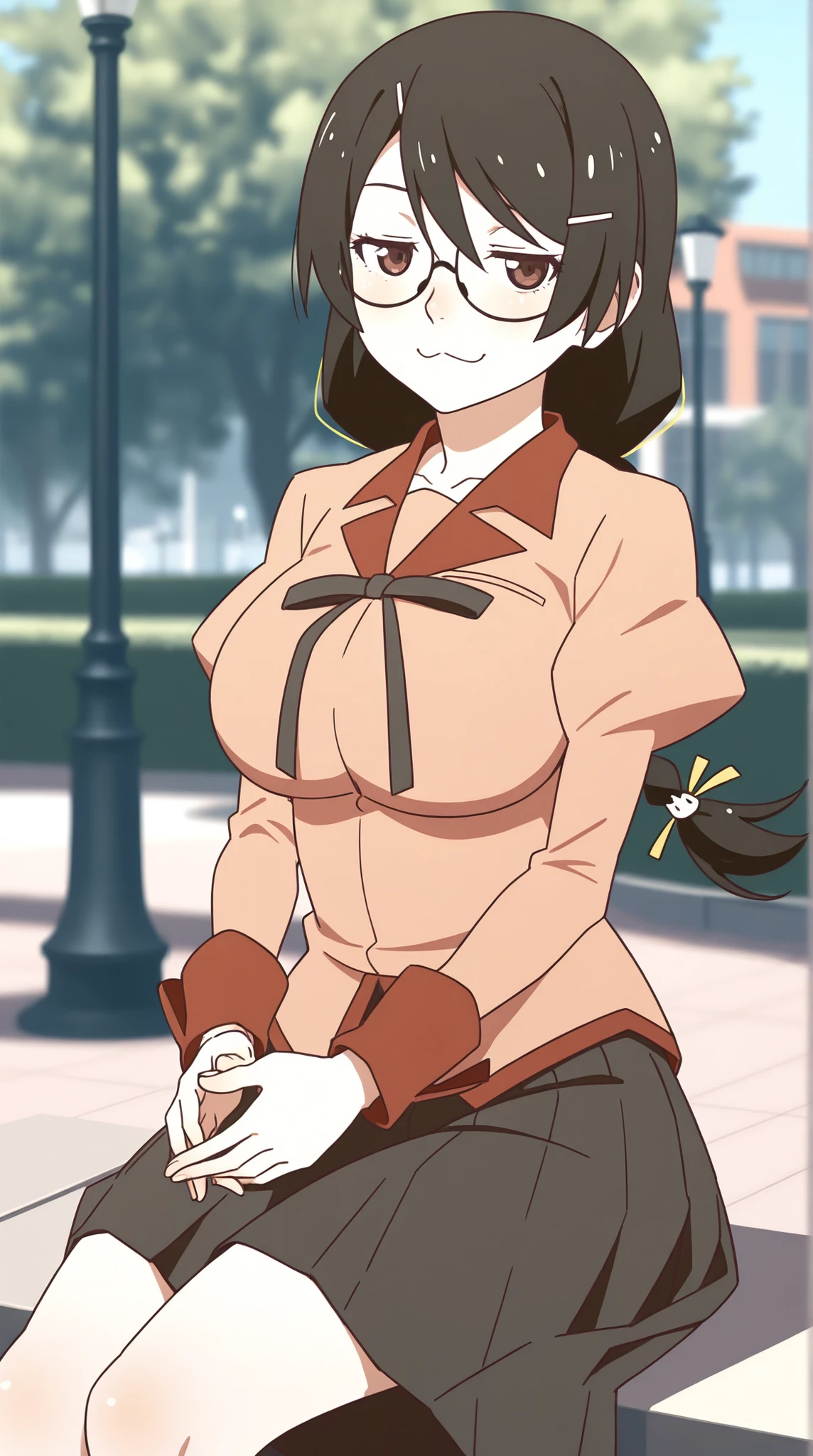 Hanekawa,masterpiece,最High Quality,High Quality,1girl,solo,What's more _high_school_uniform,long_SLEEVES,day,Parks,lamp post,sitting,hands together,refer to_together,cowboy_shot,looking for_in_viewer,of,Close,:3,