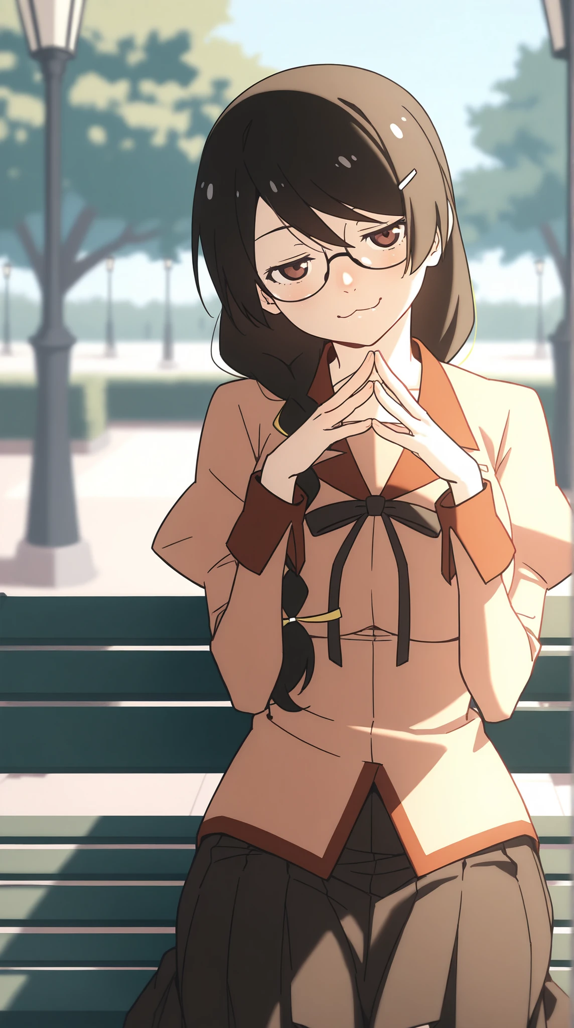 Hanekawa,masterpiece,最High Quality,High Quality,1girl,solo,What's more _high_school_uniform,long_SLEEVES,day,Parks,lamp post,sitting,hands together,refer to_together,cowboy_shot,looking for_in_viewer,of,Close,:3,