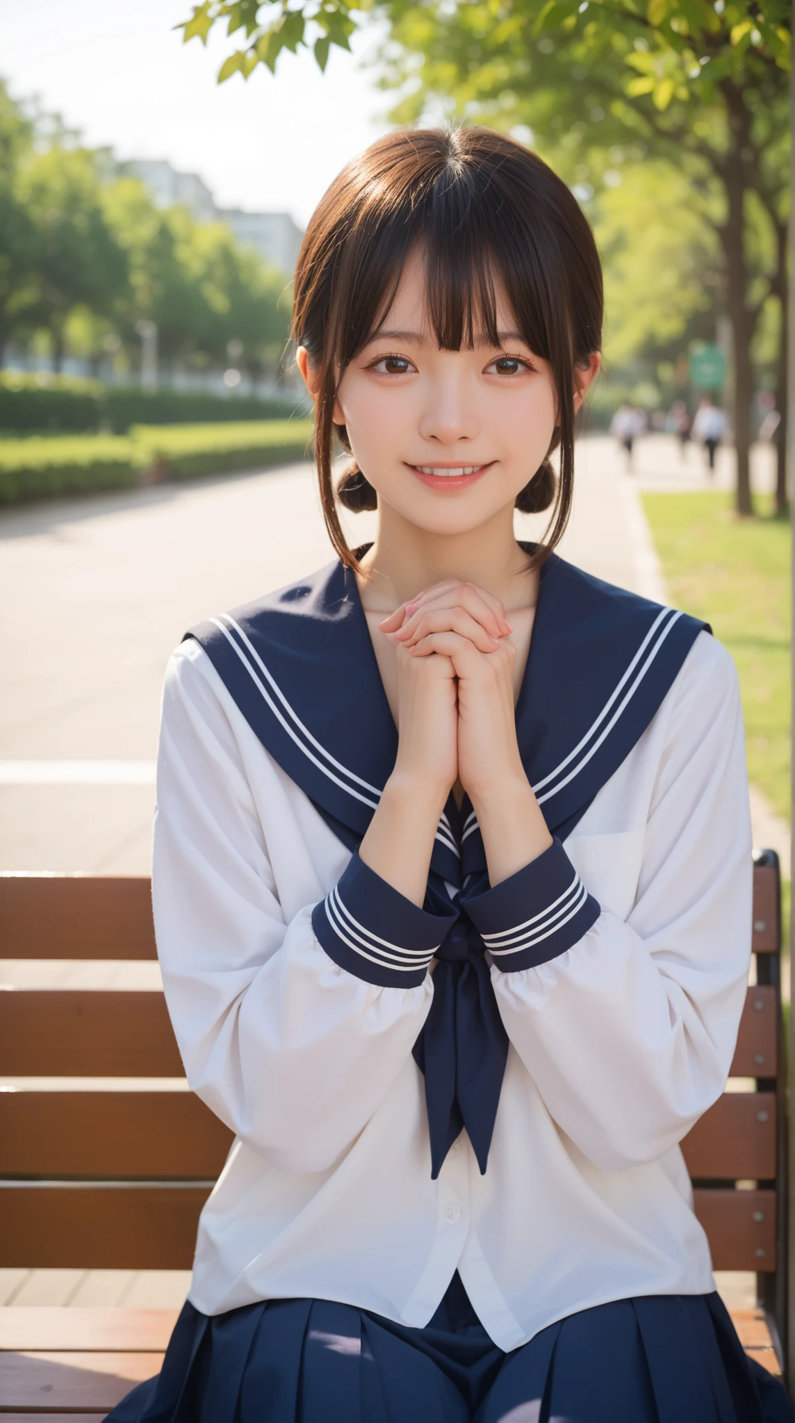 Hanekawa,masterpiece,最High Quality,High Quality,1girl,solo,What's more _high_school_uniform,long_SLEEVES,day,Parks,lamp post,sitting,hands together,refer to_together,cowboy_shot,looking for_in_viewer,of,Close,:3,