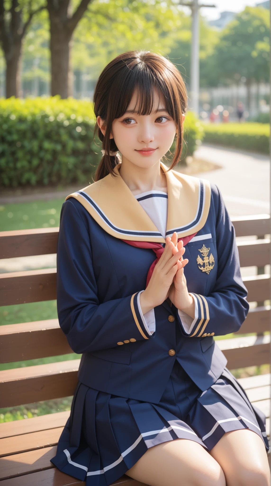 Hanekawa,masterpiece,最High Quality,High Quality,1girl,solo,What's more _high_school_uniform,long_SLEEVES,day,Parks,lamp post,sitting,hands together,refer to_together,cowboy_shot,looking for_in_viewer,of,Close,:3,