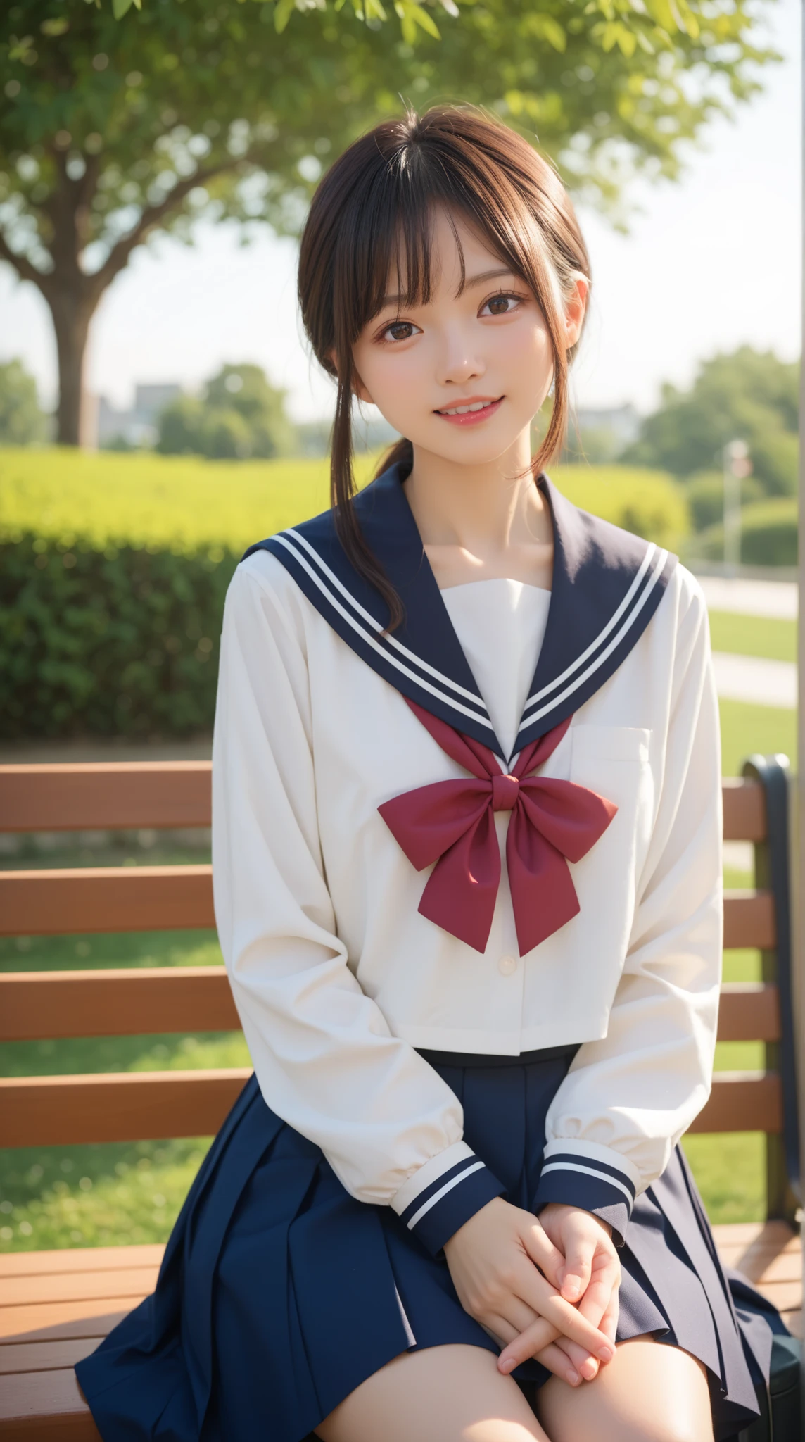 Hanekawa,masterpiece,最High Quality,High Quality,1girl,solo,What's more _high_school_uniform,long_SLEEVES,day,Parks,lamp post,sitting,hands together,refer to_together,cowboy_shot,looking for_in_viewer,of,Close,:3,
