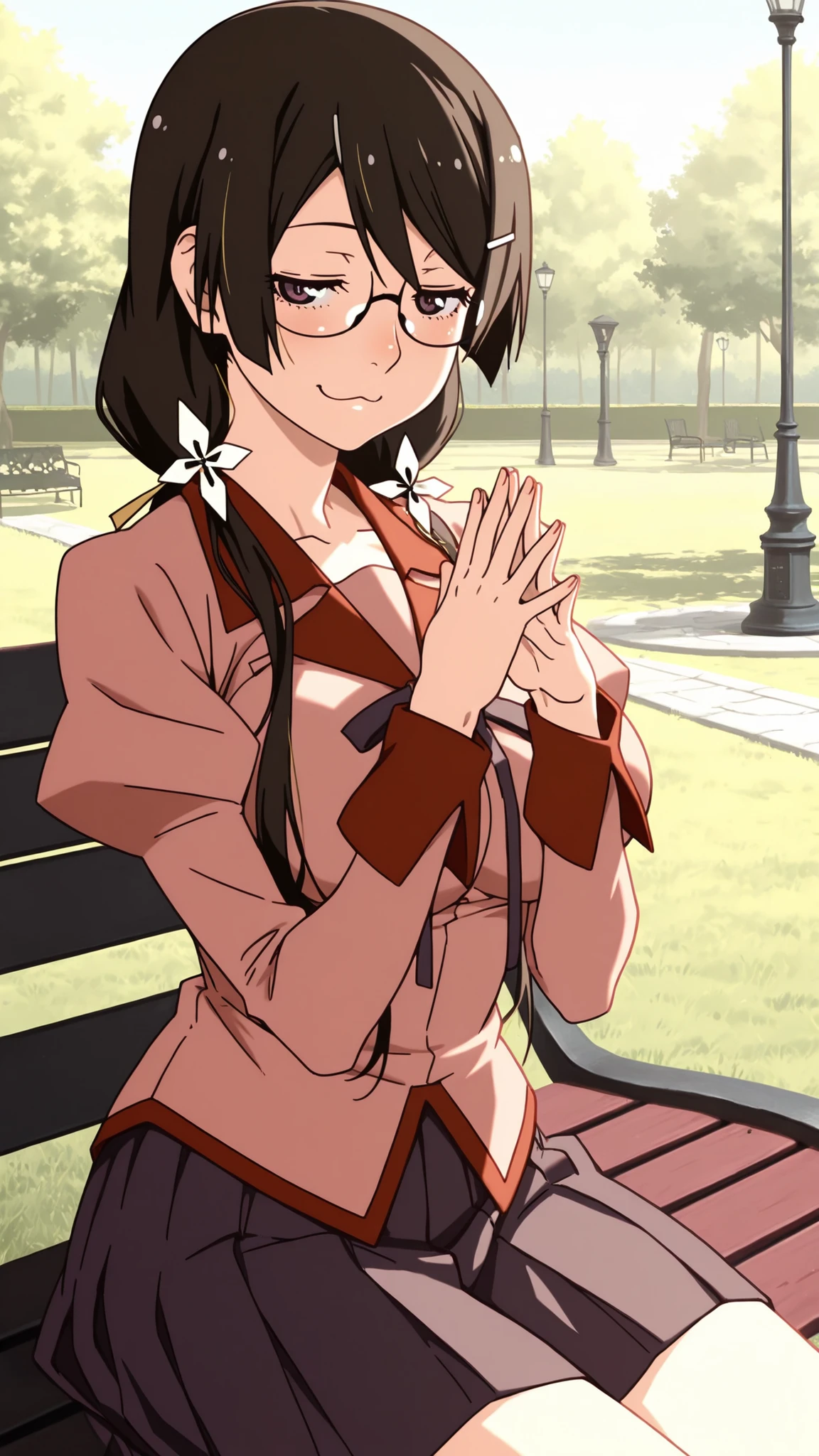 Hanekawa,masterpiece,最High Quality,High Quality,1girl,solo,What's more _high_school_uniform,long_SLEEVES,day,Parks,lamp post,sitting,hands together,refer to_together,cowboy_shot,looking for_in_viewer,of,Close,:3,