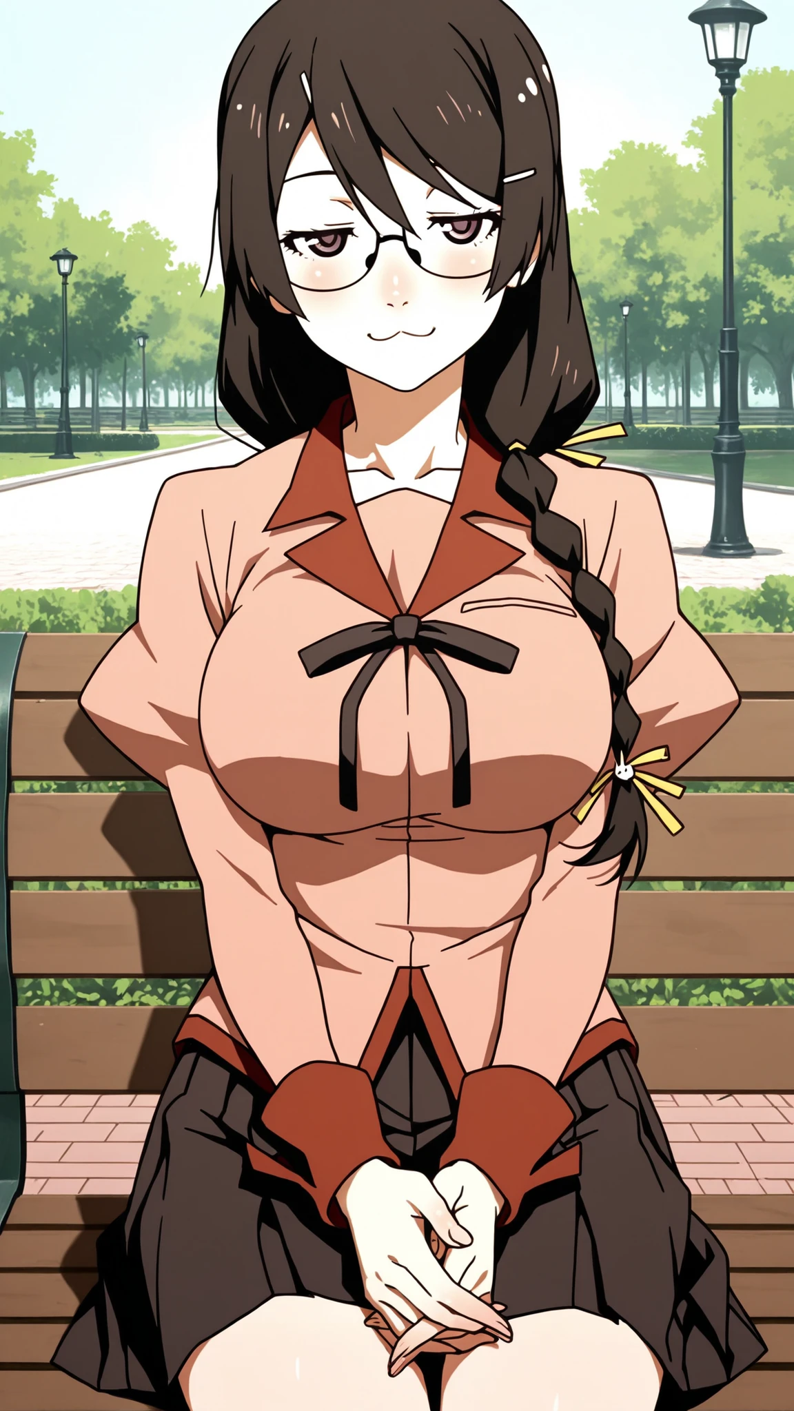Hanekawa,masterpiece,最High Quality,High Quality,1girl,solo,What's more _high_school_uniform,long_SLEEVES,day,Parks,lamp post,sitting,hands together,refer to_together,cowboy_shot,looking for_in_viewer,of,Close,:3,