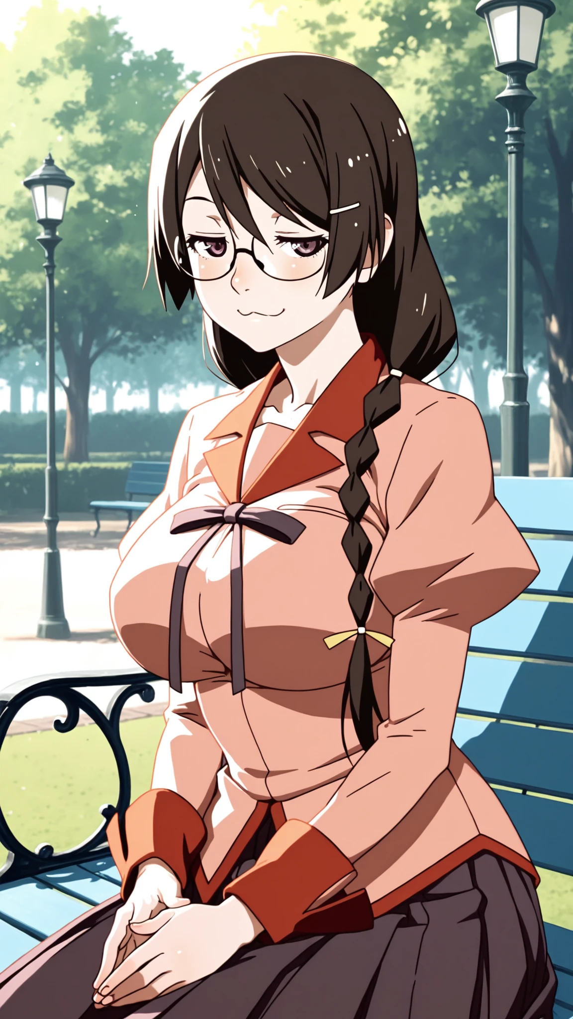 Hanekawa,masterpiece,最High Quality,High Quality,1girl,solo,What's more _high_school_uniform,long_SLEEVES,day,Parks,lamp post,sitting,hands together,refer to_together,cowboy_shot,looking for_in_viewer,of,Close,:3,