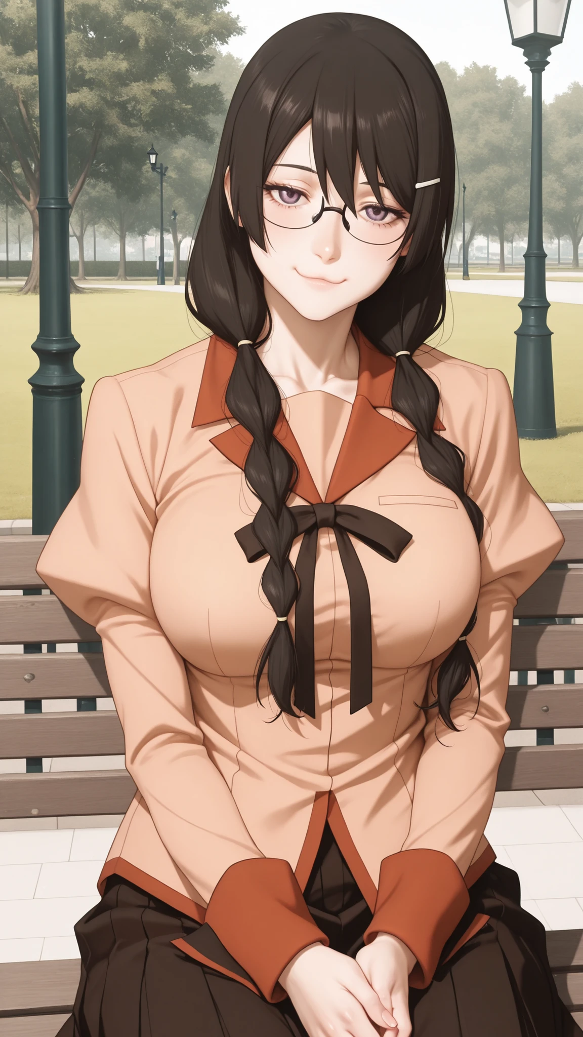 Hanekawa,masterpiece,最High Quality,High Quality,1girl,solo,What's more _high_school_uniform,long_SLEEVES,day,Parks,lamp post,sitting,hands together,refer to_together,cowboy_shot,looking for_in_viewer,of,Close,:3,