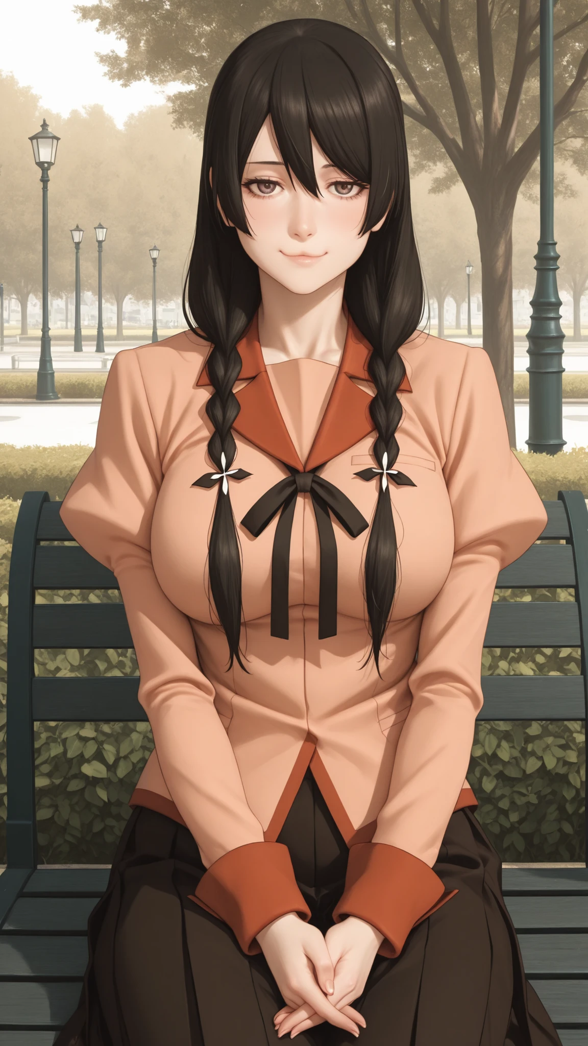 Hanekawa,masterpiece,最High Quality,High Quality,1girl,solo,What's more _high_school_uniform,long_SLEEVES,day,Parks,lamp post,sitting,hands together,refer to_together,cowboy_shot,looking for_in_viewer,of,Close,:3,