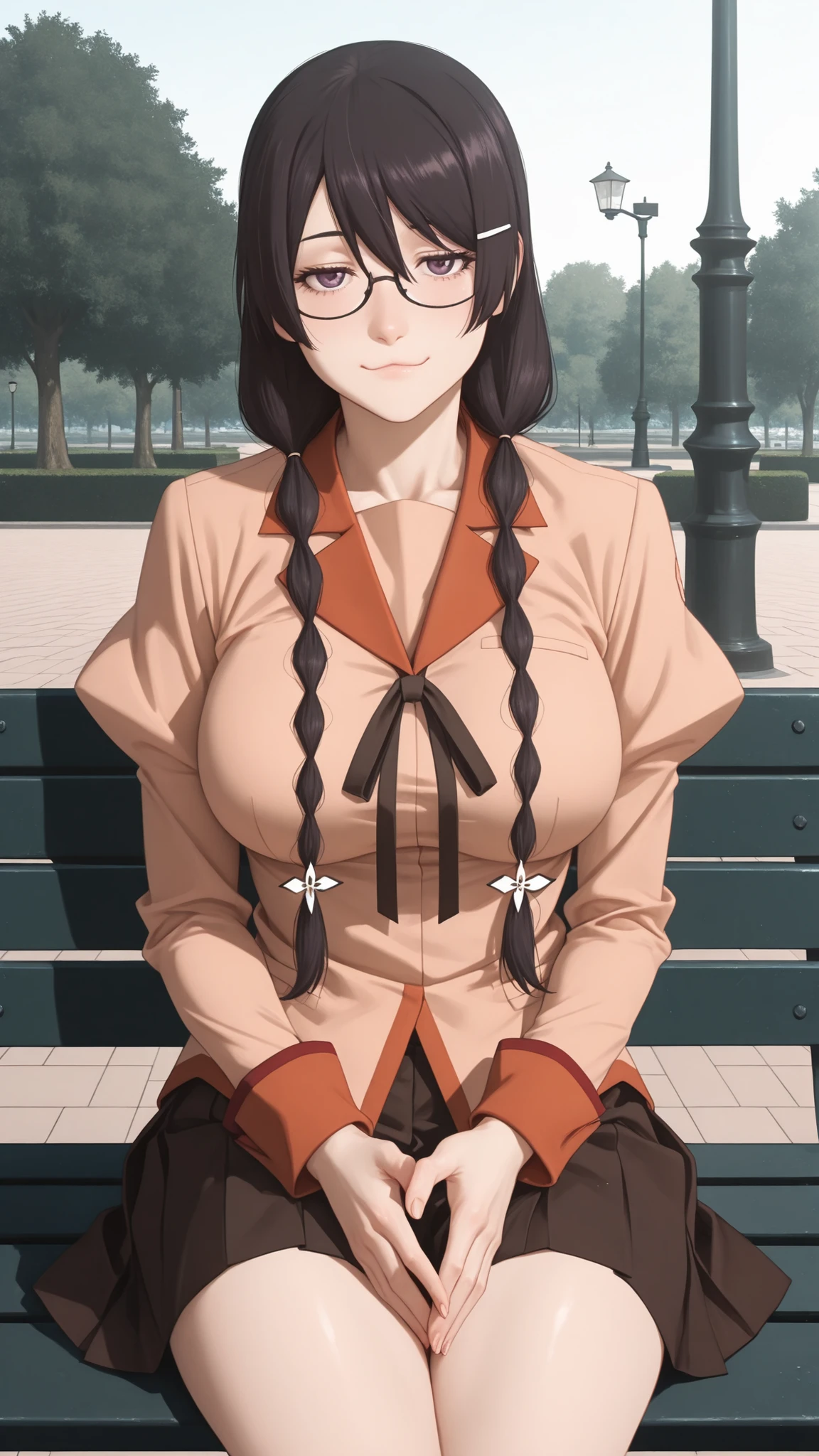 Hanekawa,masterpiece,最High Quality,High Quality,1girl,solo,What's more _high_school_uniform,long_SLEEVES,day,Parks,lamp post,sitting,hands together,refer to_together,cowboy_shot,looking for_in_viewer,of,Close,:3,