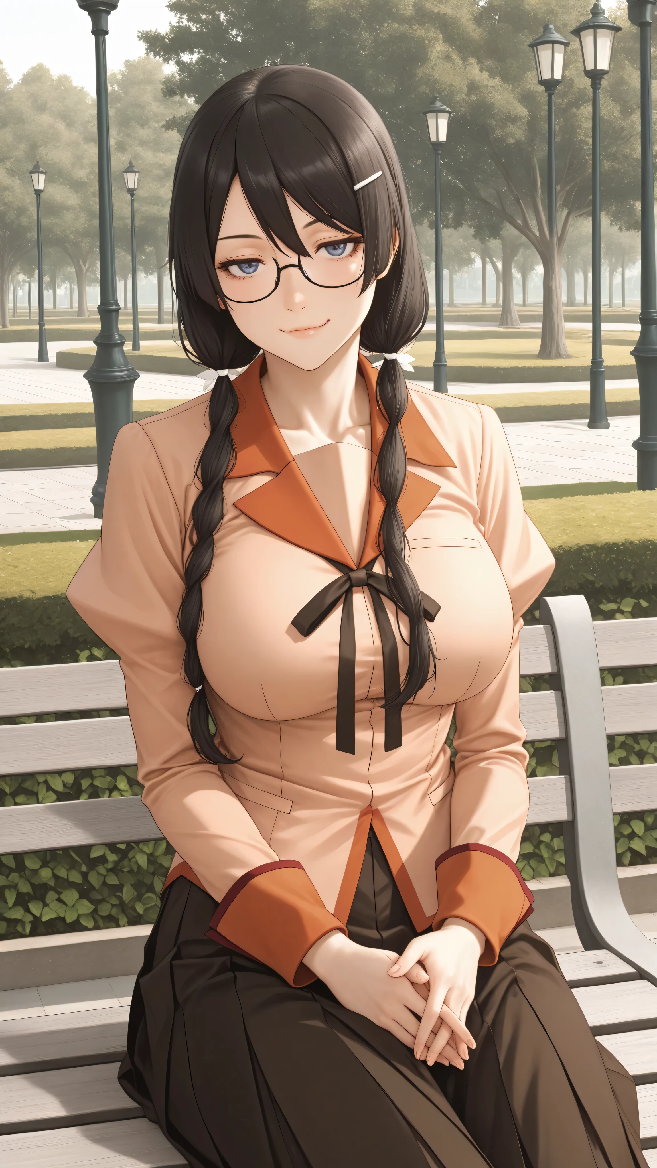 <lora:illustrious_XL_hanekawa_v2:0.8>,hanekawa,masterpiece,best quality,good quality,1girl,solo,naoetsu_high_school_uniform,long_sleeves,day,park,lamppost,sitting,hands together,fingers_together,cowboy_shot,looking_at_viewer,smirk,jitome,:3,
