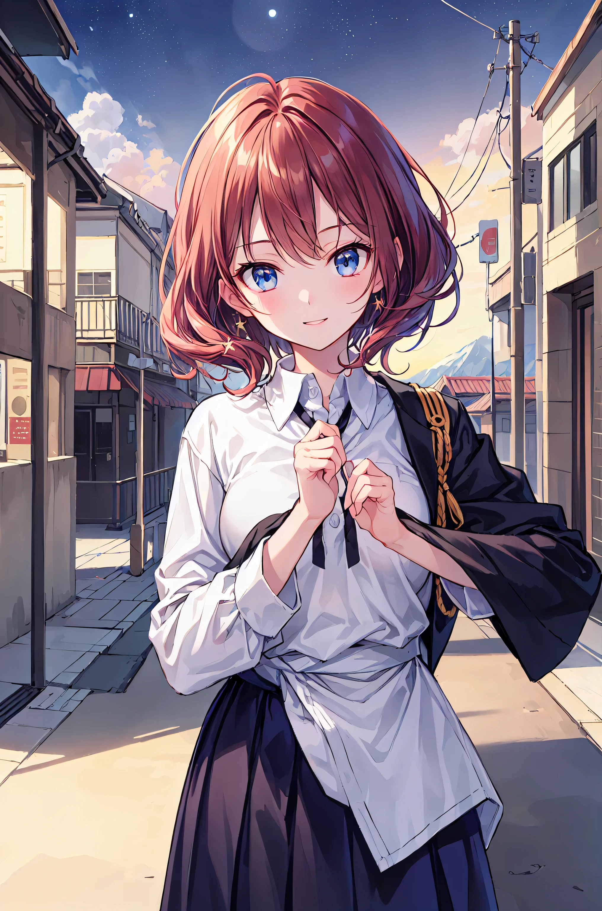 anime style, (1girl in, Solo:1.0), (Haibara Ai), ((Short pants)), (((Big eyes))), (Cute anime girl head), (flat chest),looking at viewer,With a height of 100cm, shoot from front, (head shot), Simple line minimalism, Abstract Art, City background, anime opening movie