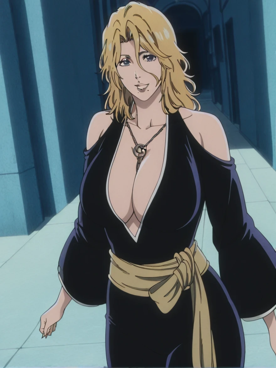 傑作、best quality、best resolution、best image quality、amazing quality、 very aesthetic、 absurdres、anime coloring、anime screencap、anime screenshot、1woman 、<lora:Rangiku_Matsumoto_Bleach_Thousand-Year_Blood_War_art_style_-_Illustrious_V2:1> 、   Rangiku  、solo 、blonde hair 、short hair 、blue eyes 、Hair between the eyes、medium hair、loose hair strand、parted bangs、wavy hair、parted lips、juicy lips、 mole under mouth 、very large breasts 、cleavage 、large boobs 、large tits 、mature female 、collarbone 、blue bodysuit 、bare shoulders 、outfit:bodysuit 、yellow sash 、sash 、tight bodysuit 、seamless 、purple high heels 、tall woman 、standing 、cowboy shot 、looking at viewer 、female focus 、dutch angle 、smile、elegant、elegant smile、evil smile、
