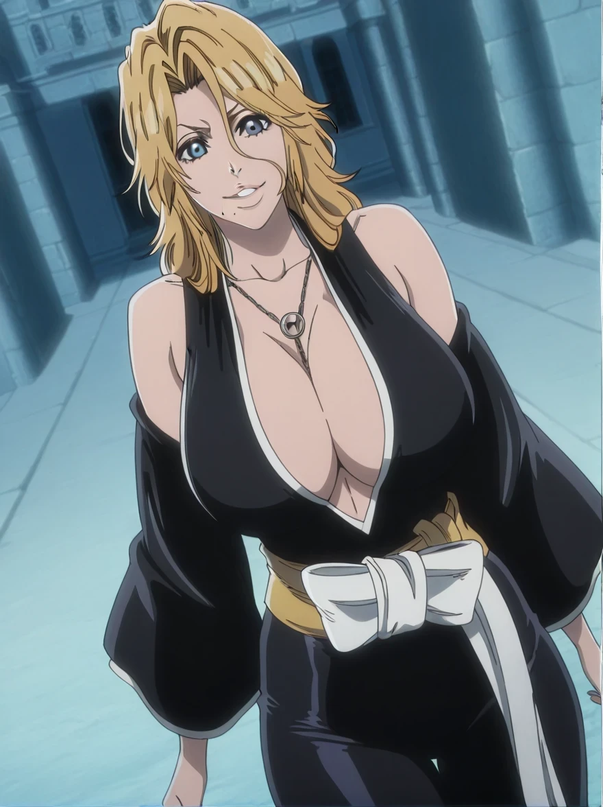 傑作、best quality、best resolution、best image quality、amazing quality、 very aesthetic、 absurdres、anime coloring、anime screencap、anime screenshot、1woman 、<lora:Rangiku_Matsumoto_Bleach_Thousand-Year_Blood_War_art_style_-_Illustrious_V2:1> 、 Rangiku 、solo 、blonde hair 、short hair 、blue eyes 、Hair between the eyes、medium hair、loose hair strand、parted bangs、wavy hair、parted lips、juicy lips、 mole under mouth 、very large breasts 、cleavage 、large boobs 、large tits 、mature female 、collarbone 、blue bodysuit 、bare shoulders 、outfit:bodysuit 、yellow sash 、sash 、tight bodysuit 、seamless 、purple high heels 、tall woman 、standing 、cowboy shot 、looking at viewer 、female focus 、dutch angle 、smile、elegant、elegant smile、evil smile、