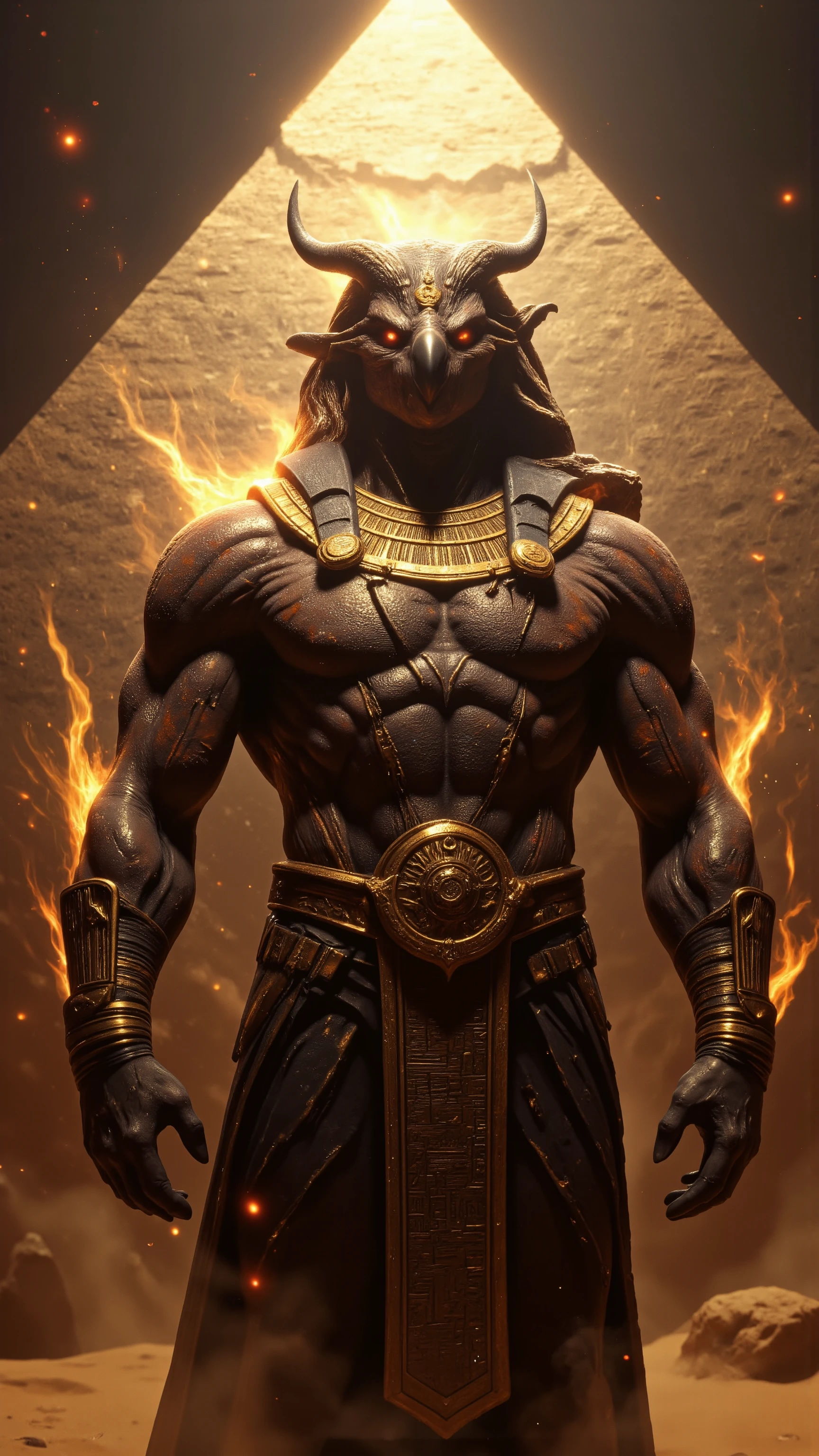 high-definition images、Make an image of the mythical god Ra(in the Egyptian Chronicles)in a fantasy monster style、with the pyramid in the background。