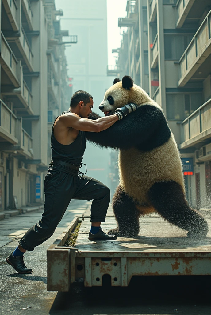 Fat black guy fighting a panda