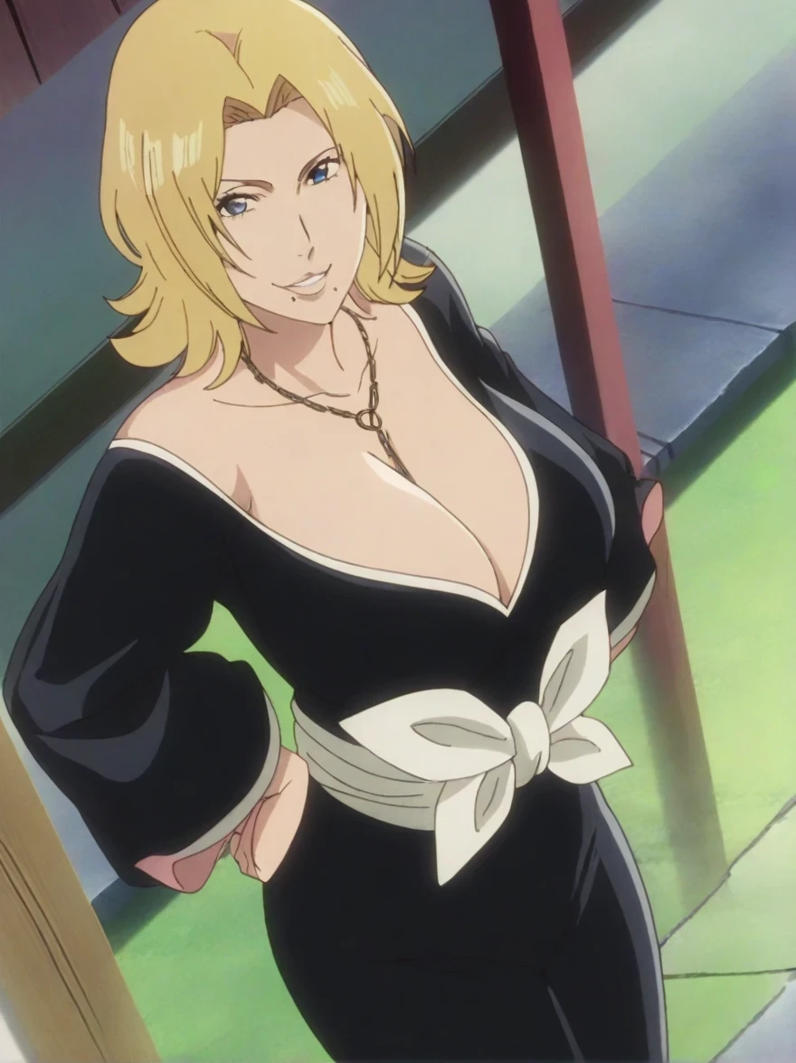 傑作、best quality、best resolution、best image quality、amazing quality、 very aesthetic、 absurdres、anime coloring、anime screencap、anime screenshot、1woman 、 <lora:Rangiku_TYBW_iL:1> 、 rangiku matsumoto 、solo 、blonde hair 、short hair 、blue eyes 、Hair between the eyes、medium hair、loose hair strand、parted bangs、wavy hair、parted lips、juicy lips、 mole under mouth 、very large breasts 、cleavage 、large boobs 、large tits 、mature female 、collarbone 、((blue bodysuit))、bare shoulders 、long sleeves、outfit:bodysuit 、yellow sash 、sash 、tight bodysuit 、seamless 、purple high heels 、tall woman 、standing 、cowboy shot 、looking at viewer 、female focus 、dutch angle 、smile、elegant、elegant smile、evil smile、
