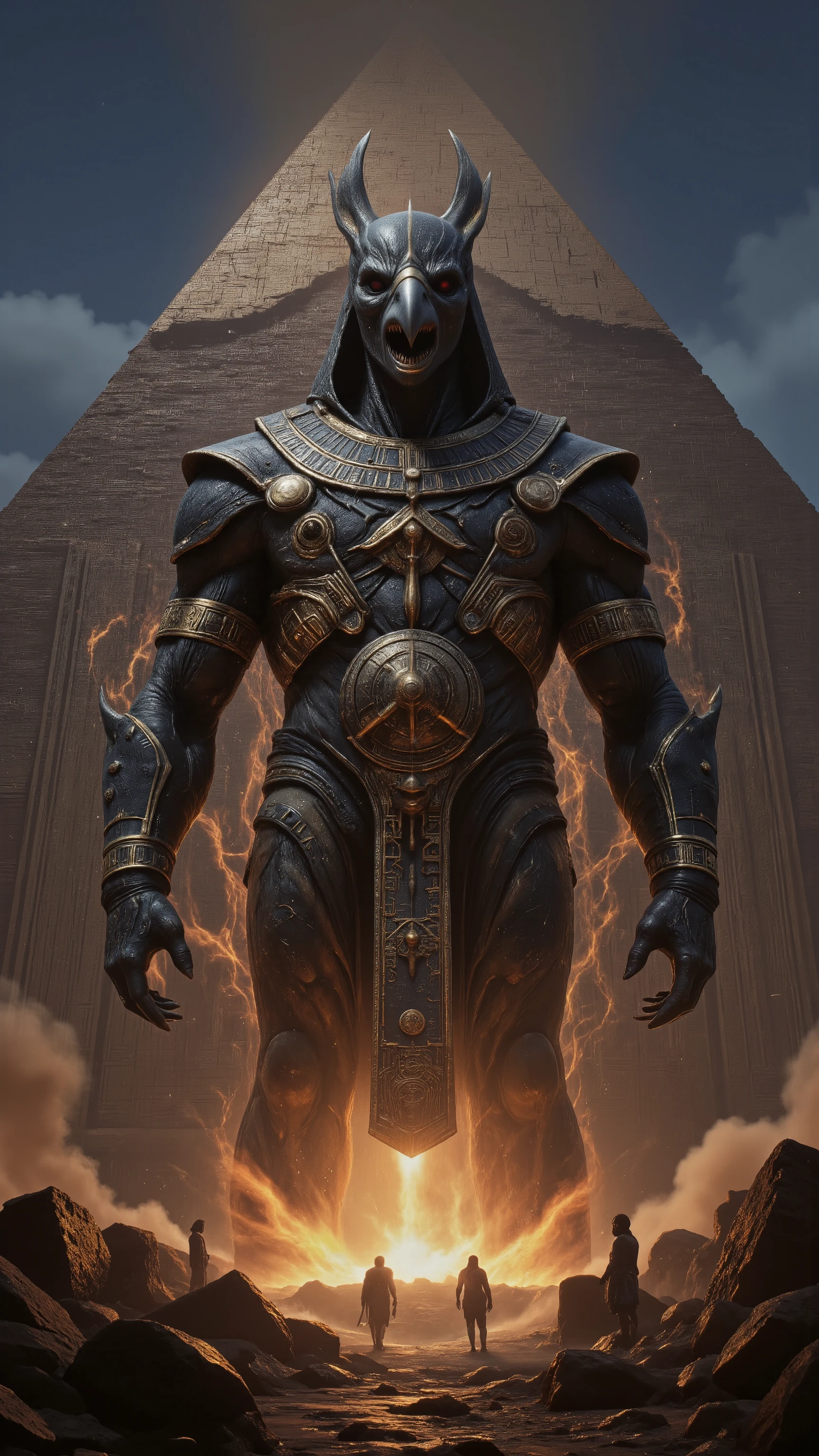 high-definition images、Make an image of the mythical god Ra(in the Egyptian Chronicles)in a fantasy monster style、with the pyramid in the background。