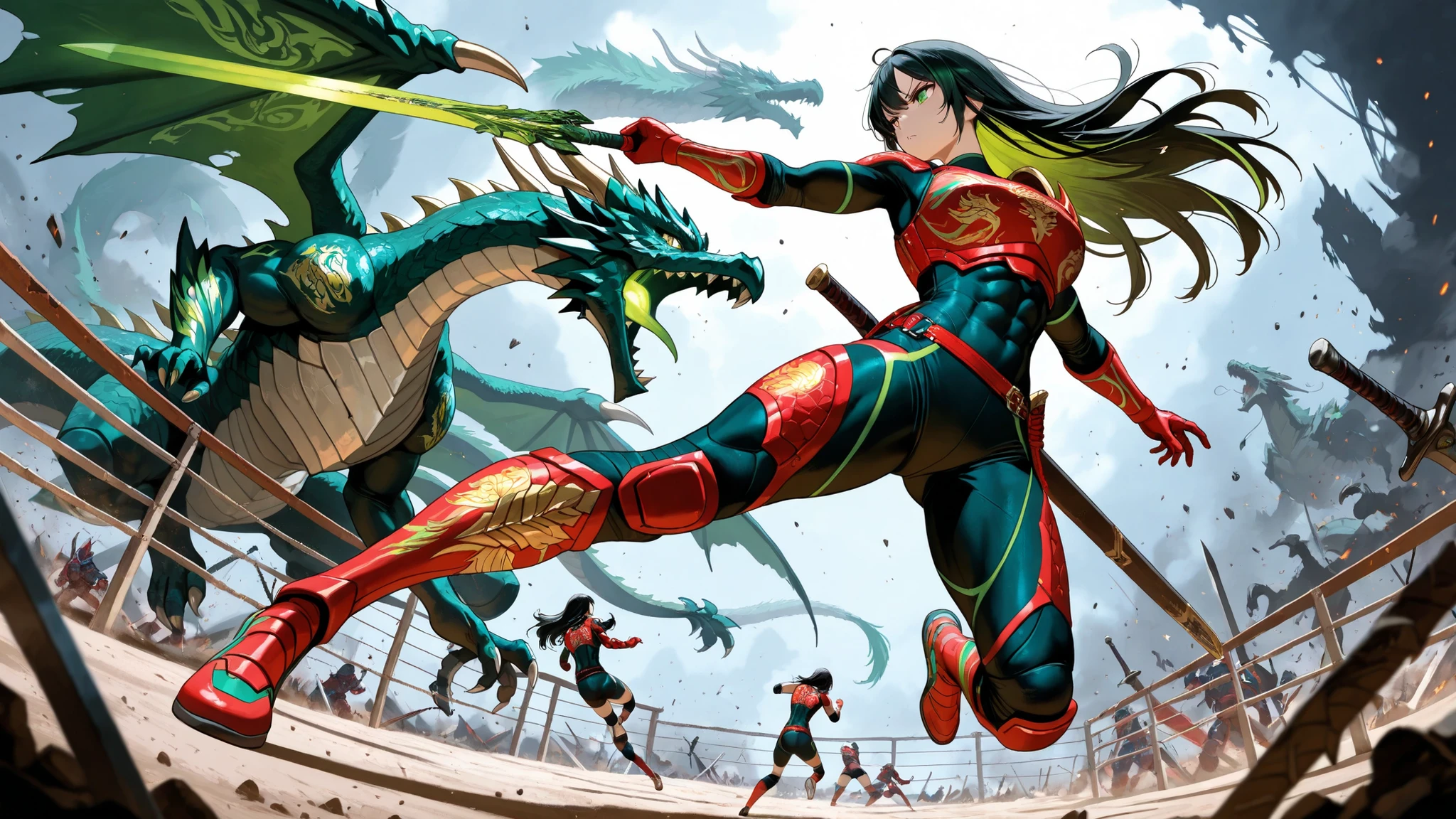 Highest Quality, Masterpiece, detailed description, Female Volleyball, Dragon Motif Armor, Harness Belt to Tighten the Body, Battle Suit with Scale-like Texture, Green and Red Accents, Giant Dragon Sword, Back scabbard, Fluorescent Green Blade, Action Poses During Battle, Jumping figure, Afterimage of Multiple Motions, Green trajectory, Ravaged Battlefield, Destroyed environment, Strong muscles, Tight figure, determined expression, Long Black Hair Green Highlights, Dragon Crest, Battlefield, dynamic composition, low angle, dramatic lighting