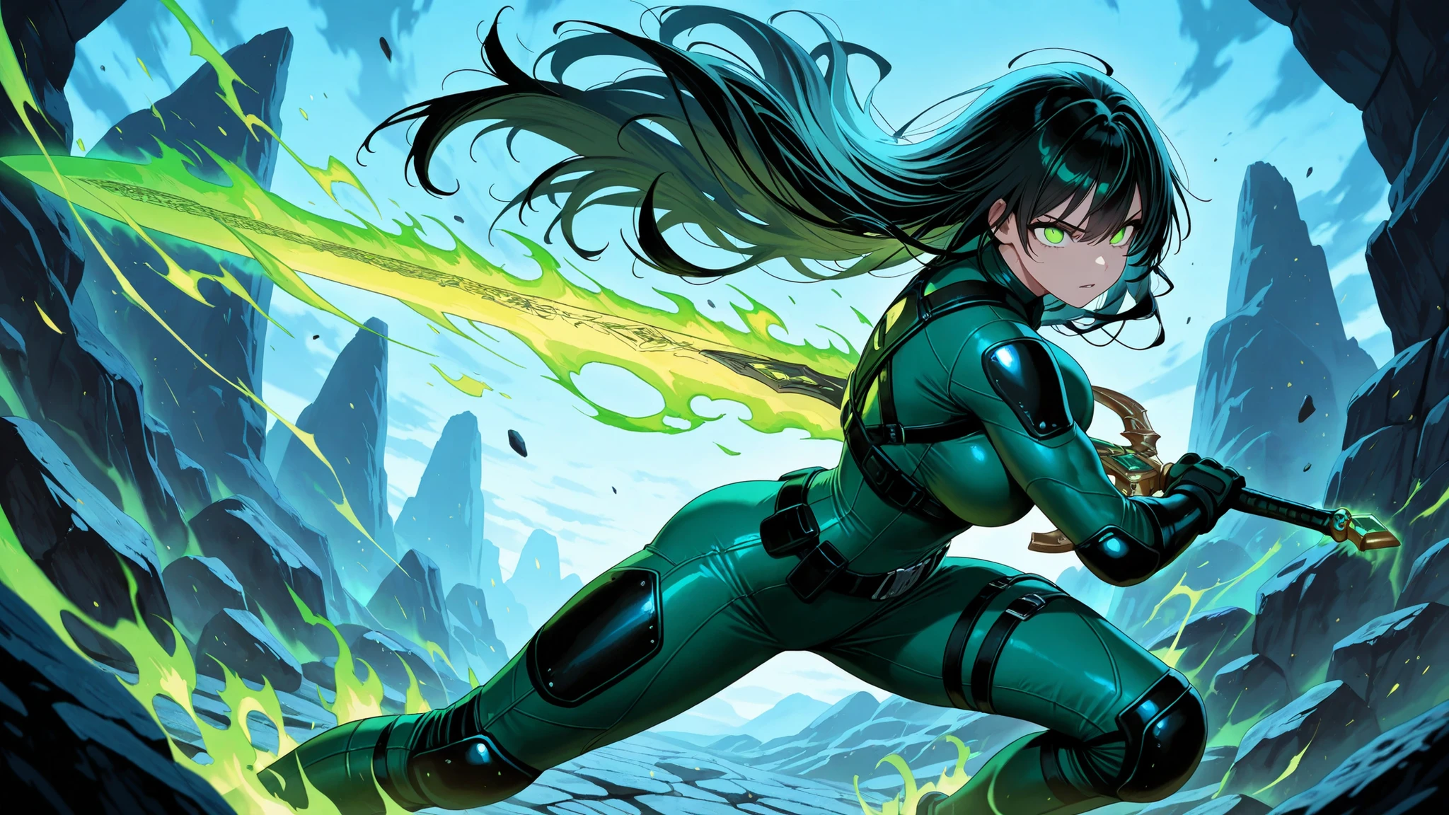 High Quality, masterpiece, super high resolution, 1 woman, Combat Suit, Red and Green Coloring, Body Fit Belt Harness, Scaled Design, Large Sword Carrying on Your Back, Dragon's Design Sword, has sharp eyes, Battle Pose, Action Scenes, Fluorescent Green Energy Aura, Afterglow Effects, Multiple Afterimages, Trails of Movement , Rocky Background, Phantom of the Dragon in the Sky, Heavy Movements, Dynamic Poses, Muscular Body, long black hair, Hair Fluttering in the Wind, Determined Expression, Glowing green eyes,  Fiery Effects , Energy Release