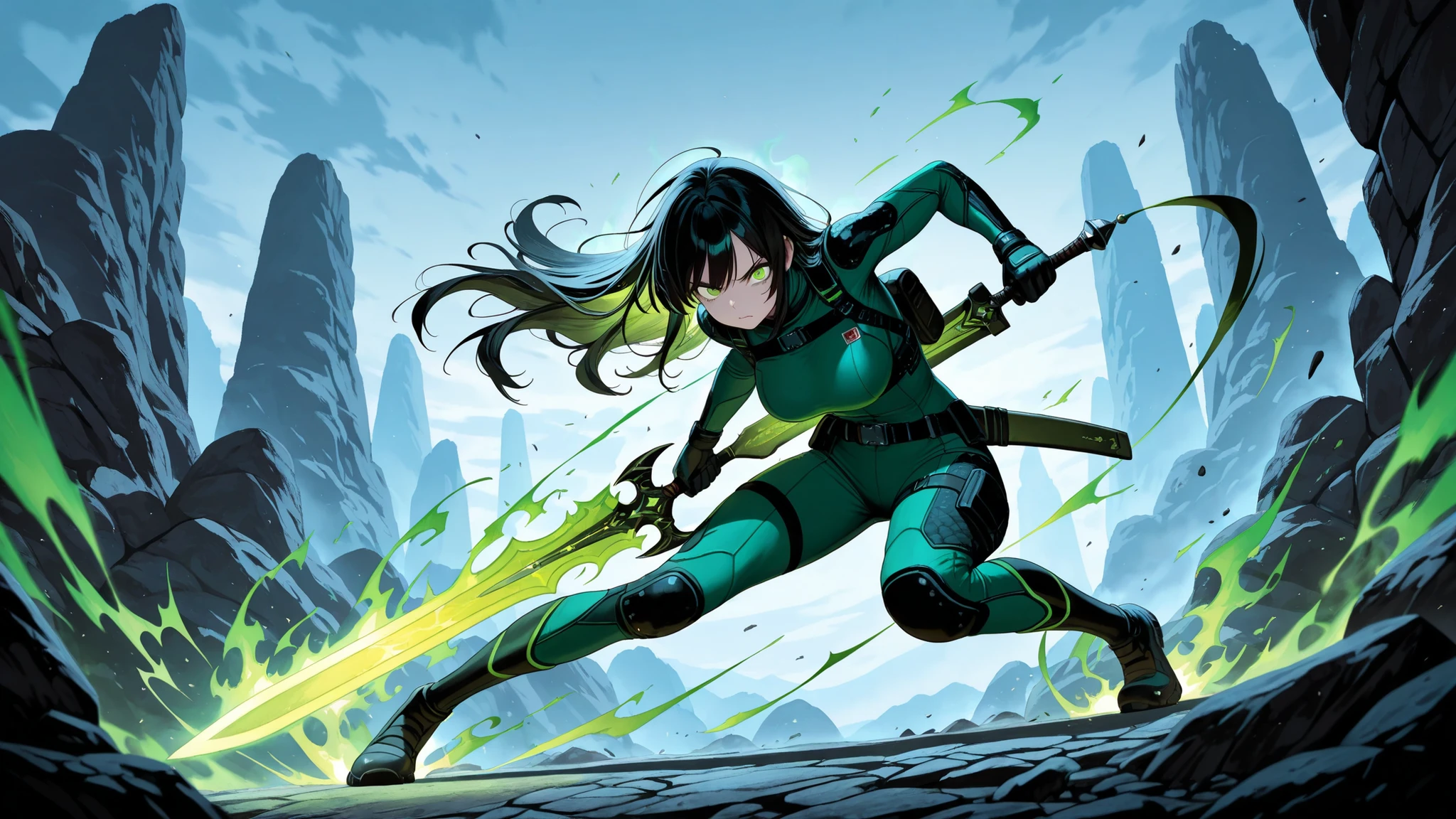 High Quality, masterpiece, super high resolution, 1 woman, Combat Suit, Red and Green Coloring, Body Fit Belt Harness, Scaled Design, Large Sword Carrying on Your Back, Dragon's Design Sword, has sharp eyes, Battle Pose, Action Scenes, Fluorescent Green Energy Aura, Afterglow Effects, Multiple Afterimages, Trails of Movement , Rocky Background, Phantom of the Dragon in the Sky, Heavy Movements, Dynamic Poses, Muscular Body, long black hair, Hair Fluttering in the Wind, Determined Expression, Glowing green eyes,  Fiery Effects , Energy Release