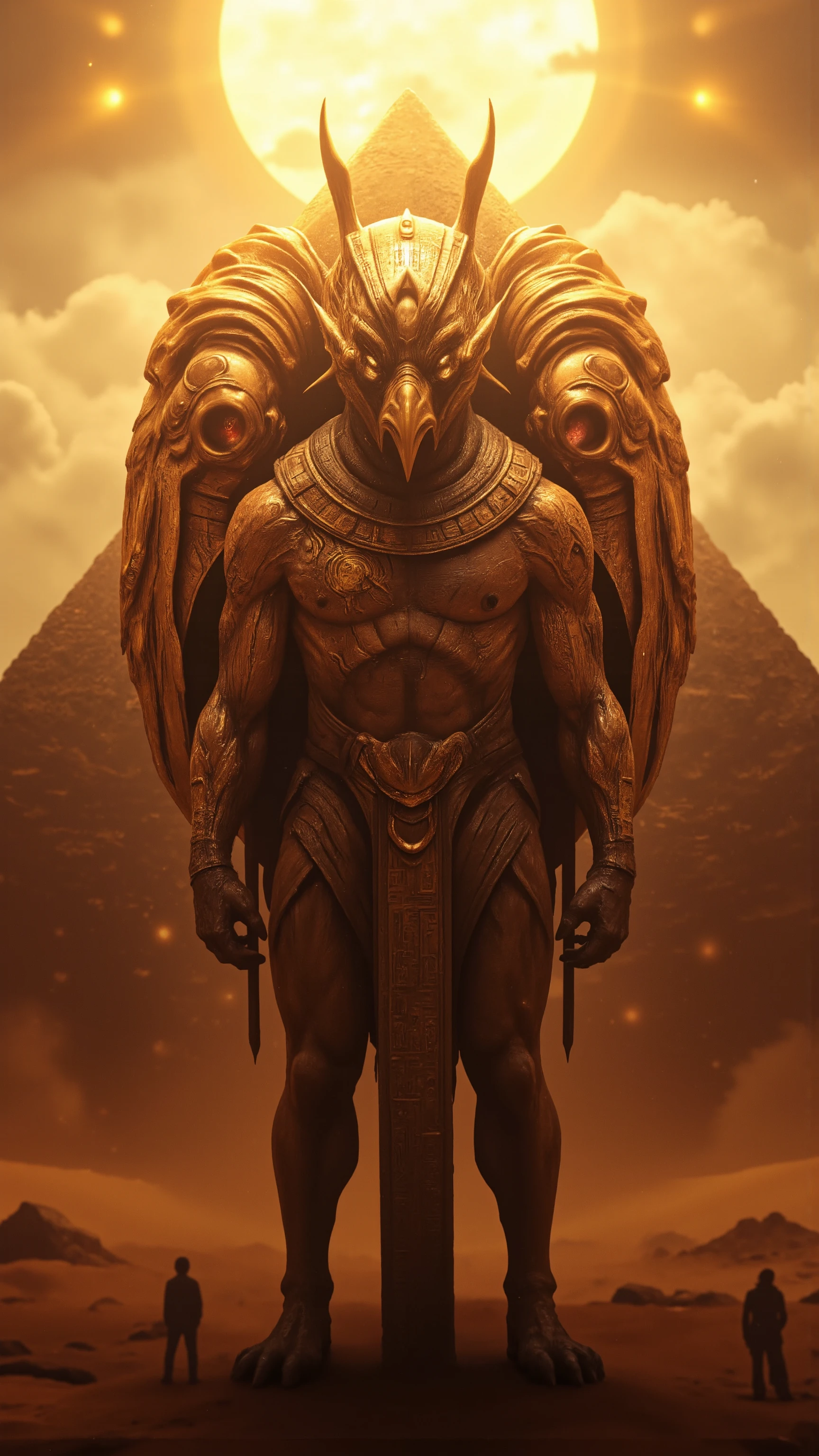 high-definition images、Make an image of the mythical god Ra（in the Egyptian Chronicles）in a fantasy monster style、with the pyramid in the background。