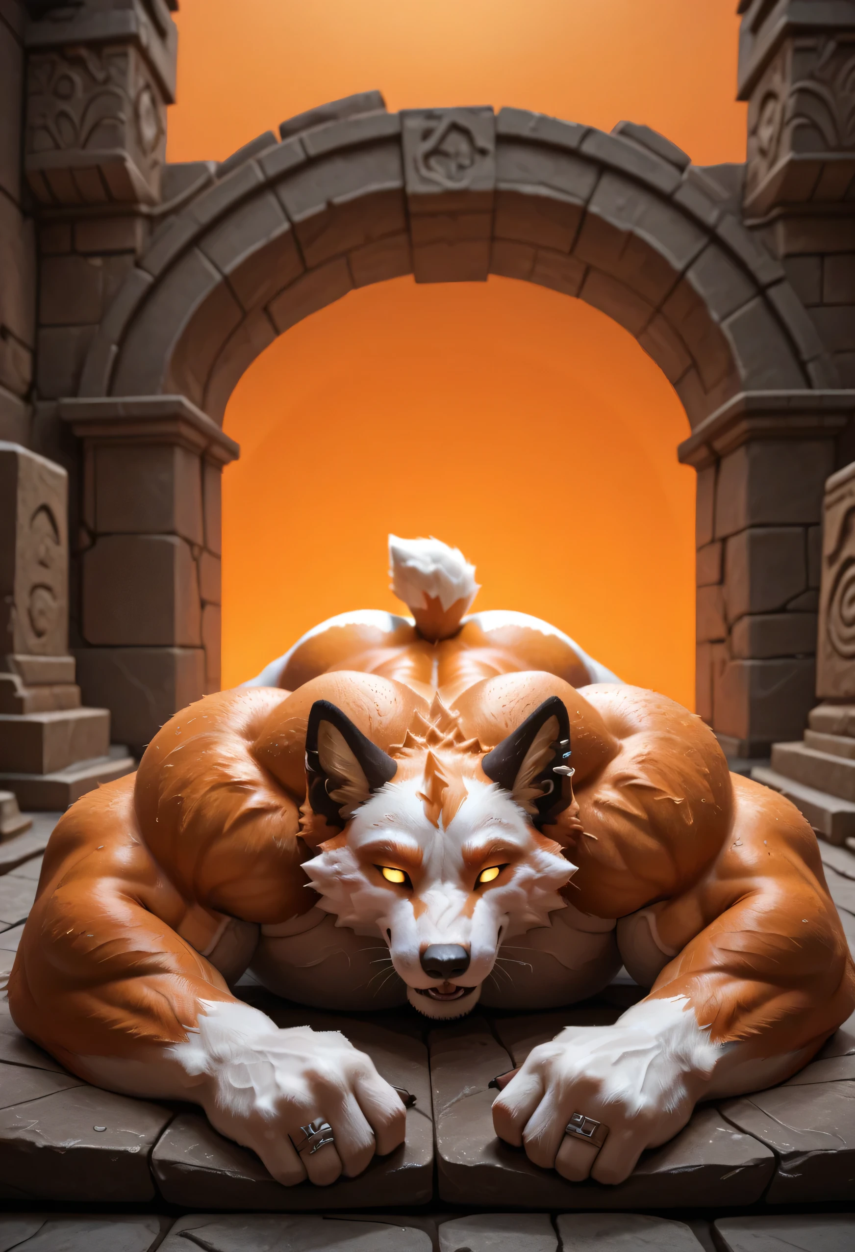 morph, Voviat, score _9, score _8_Up, score _7_Up, masterpiece, best quality, amazing quality, high quality, RAW photo, semi realistic, full body. furry, (1boy), Huge Adult Male anthro muscular bara Vulpine Fennix from Fortnite:1.6, (Orange and White body:1.5), Fox Fur:1.5, detail fur:1.5, bushy fox tail:1.4, (sharp black ears with red inner lining:1.4), (massive hyper veiny muscle:1.4, Fennix bodybuilder physique:1.4, huge pectoral:1.4, huge chest:1.4). Detail Glowing Orange Eyes:1.4, emission strictly limited to pupils), Black Sclera:1.4, Realistic Detail Bara Furry Chiseled Male Handsome Fennix Face:1.8, muscular butt:2. Nipple Piercings, ear piercings, rings, Natural palm color:1.5, 5 fingers:1.5, human feet, 5 toes:1.5, Natural soles color:1.5, huge size 50 feet:1.5, 10 feet tall. Atop the ancient stone ruins of Royal Ruin from Fortnite at dusk. (solo:2), (he is facing to the viewer:2, front view:2), ((lying on stomach:2)), hand on his own cheek, focus face, close up face, smug smirk. naked, uncensored, Wearing a small tight wet transparent towel around his waist.