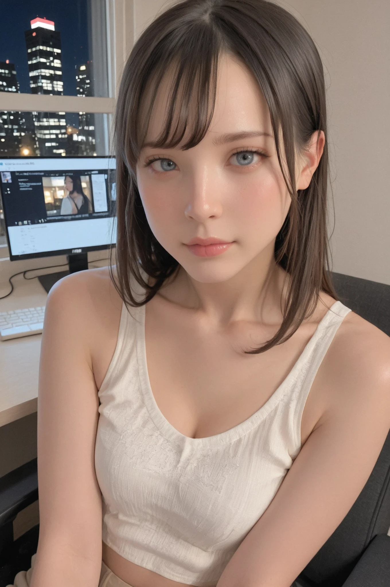 high quality, super resolution, masterpiece, Semitical style, Close up of a rebellious girl's face and shoulders, Satin top showing shoulders, Unrealistically smooth collarbone line, Exaggerately clear eyes, Perfectly symmetrical facial features, Slightly radiant skin texture, Artificially perfect makeup, Perfect hair texture like computer generated, Unrealistic night view reflection of the city from an apartment window, Unnaturally perfect lighting, Fashion ad style edit, Slight digital art feeling