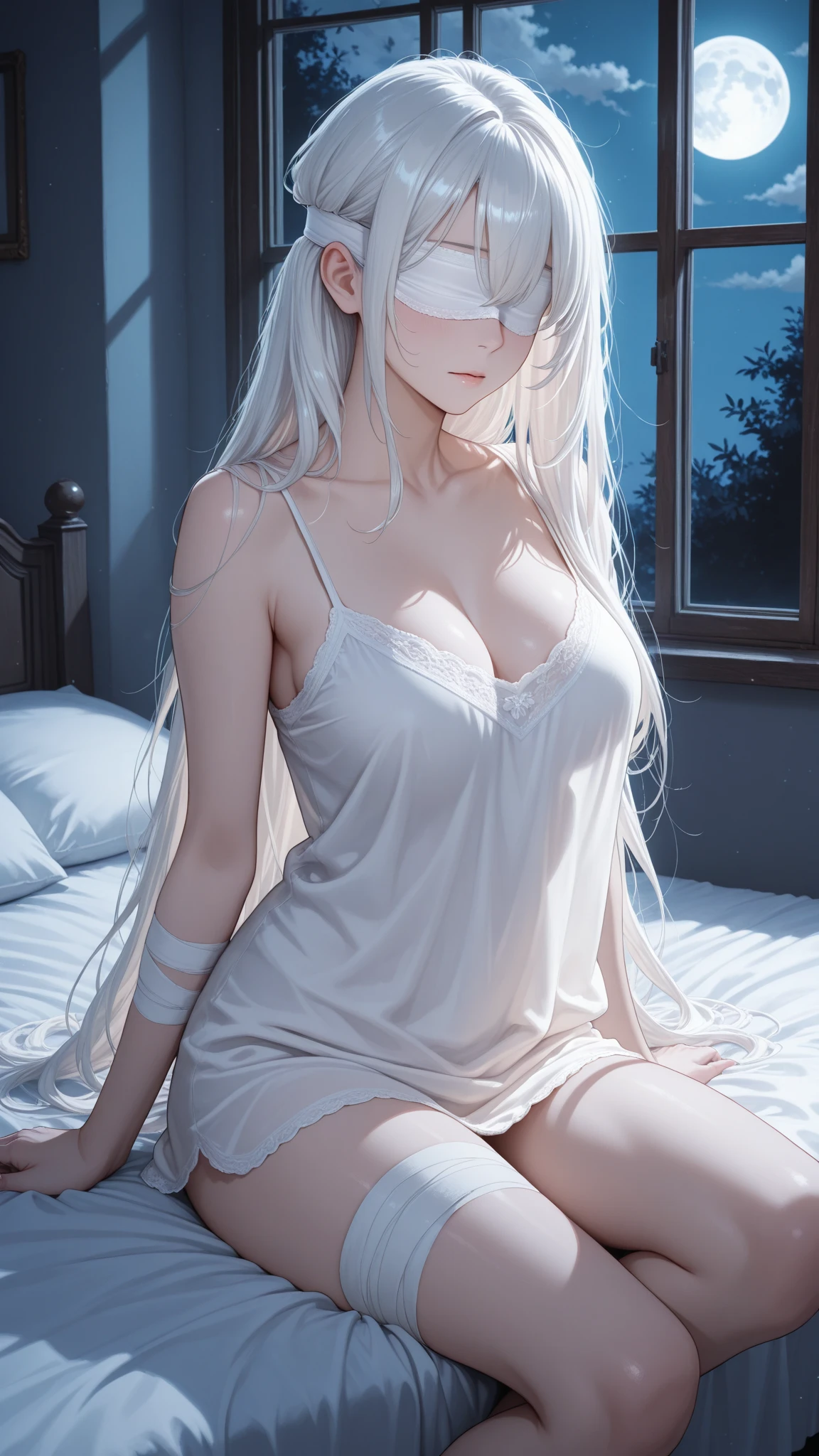 1Girl, Solo, Anime, Ideal body, (Cleavage, Small breast). Beautiful, Gorgeous, Fresh, Blunt Bangs, (White Grey Hair:1.5),(Straight and Wavy Long Hair:1.3), sleep robe, sleep dress, night dress, Off-Shoulder, Oversize , dress laced, Comfort, Loose dress, satin Texture. (Sit on bed:1.3). Earrings, Thin Black Headband, Green Accessories, Environmental Details, Bed Room, Natural Light, Modern Bed, Chair, Window, White Curtain, City View. pov, anime style, UHD, retina, masterpiece, accurate, anatomically correct, textured skin. High Resolution, Looking at viewer, Blush, Best Quality, Award Winning, Accurate, Embarrassed, seductive smile, sweating, Naughty Face, Naughty, Gradient Eye Color, Sexy Pose. Cowboy Shot, licking lips, high class. 