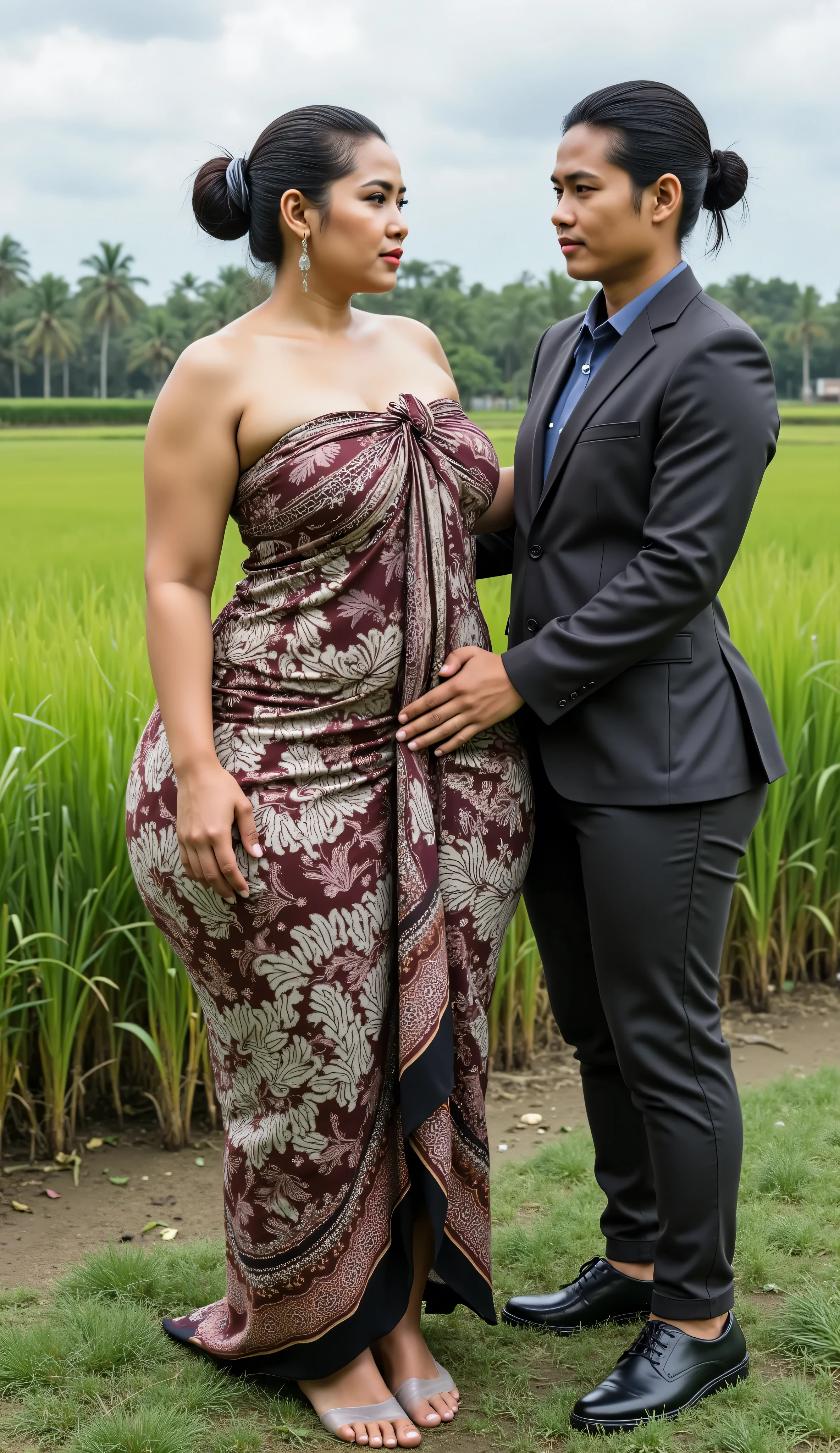 A Javanese attractive mature woman with a provocative curvaceous body, realistic big breasts, is 60 years old and has a figure with prominent curves, a plump with perfect proportions curves, generous curves and plus-size, a body with an hourglass figure, her voluptuous wide hips harmonize with slender wasp waist, with wide legs and wide thighs well-shaped, and her butt in good shape, plump and shaped buttocks. She has characteristics typical of her age, slight wrinkles on her face and natural gray hair, long natural gray hair with an elegant Bun style hairstyle, has beautiful and fine facial features. She wore a long and loose batik kemben dress and transparent-glass heel shoes, She was in the middle of a beautiful rice field, she is a bride for her young(thin, skinny, tall)son 12 years old. He was wearing a casual suit and had black hair, He is next to her, look face to face , he holds her with passion and places his hand close to her buttocks. they was captured is a modern hyperrealistic cinematic style, captured on a full body overview, with hyperrealistic details and good focus quality.(((LoRA's additional feature has no effect on the men)))