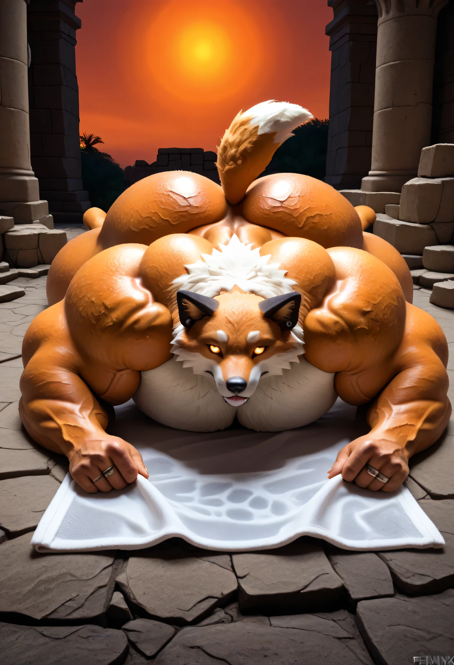 morph, Voviat, score _9, score _8_Up, score _7_Up, masterpiece, best quality, amazing quality, high quality, RAW photo, semi realistic, full body. furry, (1boy), Huge Adult Male anthro muscular bara Vulpine Fennix from Fortnite:1.6, (Orange and White body:1.5), Fox Fur:1.5, detail fur:1.5, bushy fox tail:1.4, (sharp black ears with red inner lining:1.4), (massive hyper veiny muscle:1.4, Fennix bodybuilder physique:1.4, huge pectoral:1.4, huge chest:1.4). Detail Glowing Orange Eyes:1.4, emission strictly limited to pupils), Black Sclera:1.4, Realistic Detail Bara Furry Chiseled Male Handsome Fennix Face:1.8, muscular butt:2. Nipple Piercings, ear piercings, rings, Natural palm color:1.5, 5 fingers:1.5, human feet, 5 toes:1.5, Natural soles color:1.5, huge size 50 feet:1.5, 10 feet tall. Atop the ancient stone ruins of Royal Ruin from Fortnite at dusk. (solo:2), (he is facing to the viewer:2, front view:2), ((lying on stomach:2)), hand on his own cheek, focus face, close up face, smug smirk. naked, uncensored, Wearing a small tight wet transparent towel around his waist.