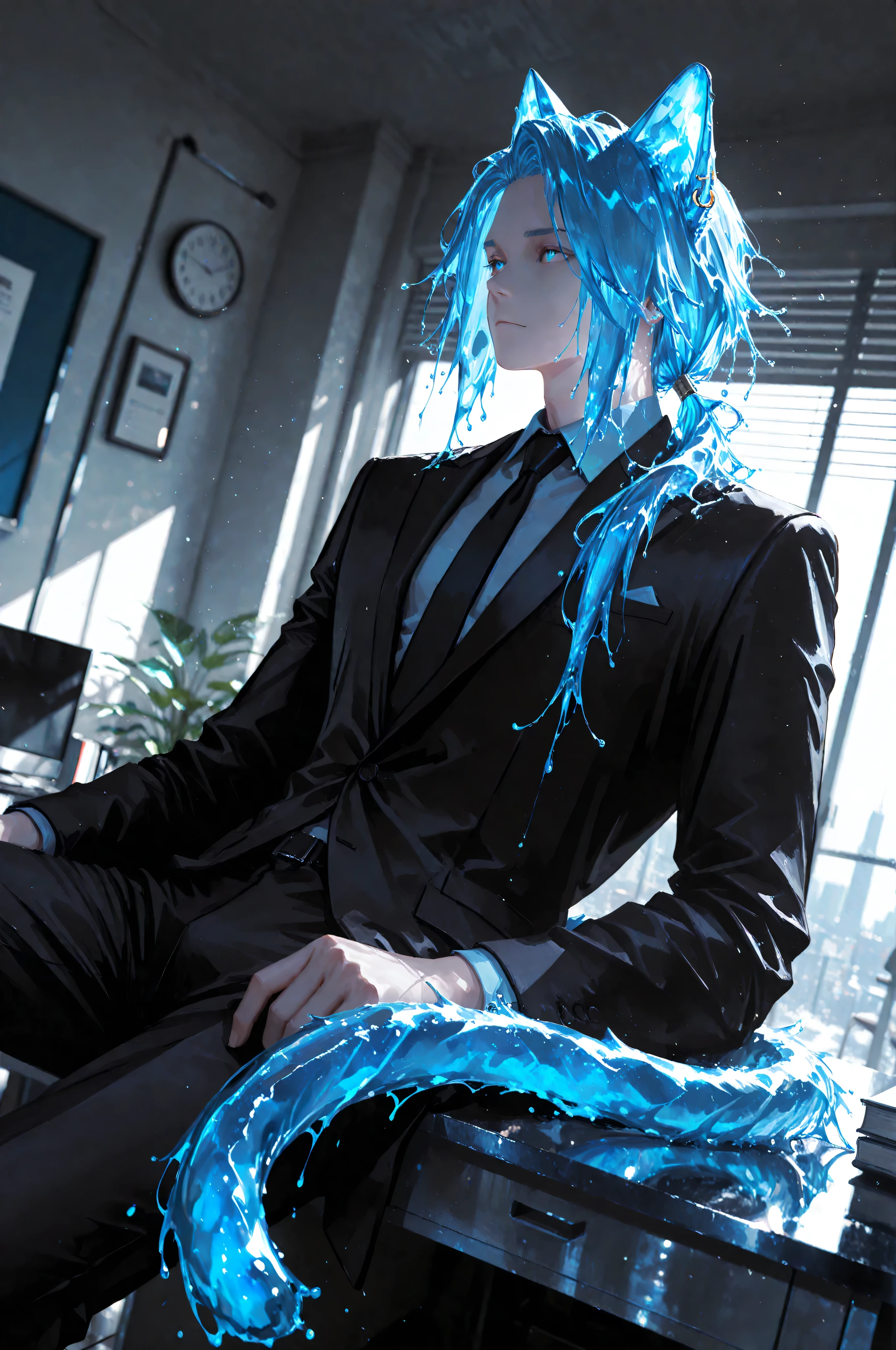 HDR, 8K, high contrast, very aesthetic, superabsurd res, high resolution, ultra-detailed, absurdres, newest, scenery, (horikoshi kouhei:0.3), (quasarcake:0.5), (wlop:0.3), lightrays, chiaroscuro, dynamic angle, 1boy, male focus, blue eyes, water hair, ((liquid hair, blue hair)), long hair, ponytail, low ponytail, bangs, jewelry, earrings, single earring, extremely handsome male, (muscular), mature male, closed mouth, looking away, cat boy, animal ears, cat ears, cat tail, black suit, solo, sitting, office, desk, modern background, dutch angle, photorealistic, volumetric lighting, dappled light, light particles, dramatic shadows, cinematic lighting, photo background, depth of field, kemonomimi_mode, animal_ears, ((no_human_ears)), ((only_animal_ears)), fur_over_human_ears, hair_over_human_ears, hair_covering_human_ears,