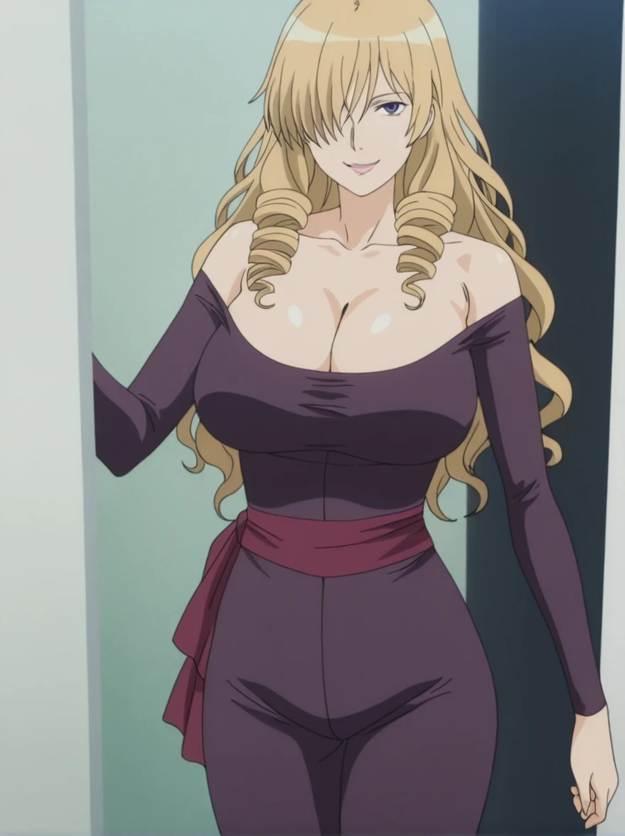 傑作、best quality、best resolution、best image quality、amazing quality、 very aesthetic、 absurdres、anime coloring、anime screencap、anime screenshot、1woman 、 <lora:oriana-thomson-indexs2-illustriousxl-lora-nochekaiser:1> 、 oriana thomson 、solo 、blonde hair 、long hair 、blue eyes 、drill hair 、drill sidelocks 、hair over one eye 、sidelocks 、very large breasts 、cleavage 、large boobs 、large tits 、mature female 、collarbone 、deltoids 、purple bodysuit 、bare shoulders 、outfit:bodysuit 、cyan sash 、sash 、tight bodysuit 、seamless 、purple high heels 、tall woman 、standing 、cowboy shot 、looking at viewer 、female focus 、dutch angle 、smile、elegant、elegant smile、evil smile、