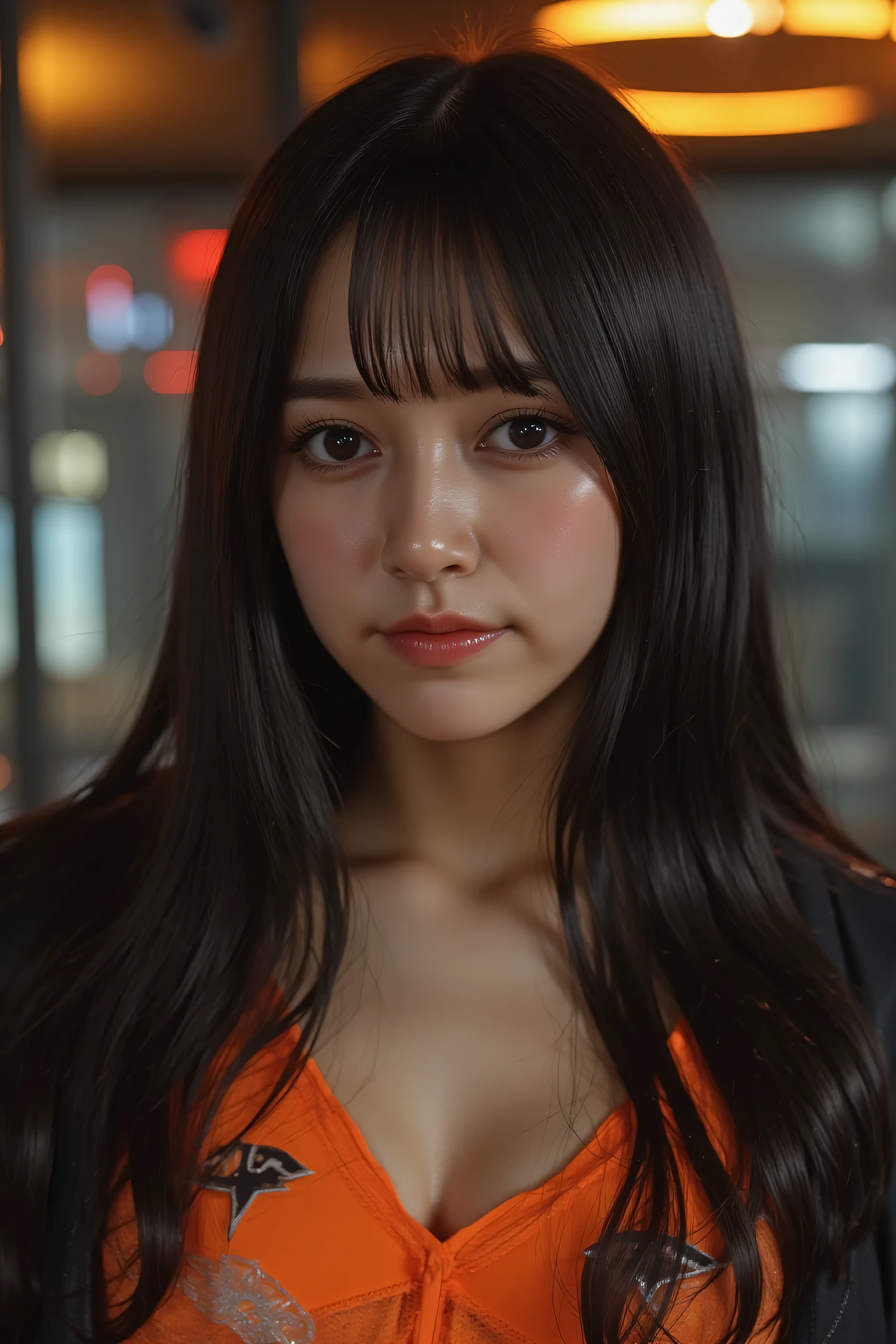 (((Orange Burning Sun:2.0))),(((HR Gigger Style Cyberpunk Atmosphere:2.0))),(((with a cyberpunk Japanese sword:2.0))),((Side view from back:2.0)),Side pose,((look back at camera:2.0)),((looking back over the shoulder:2.0)),back view,A woman,(cute faces getting creampied:2.0),(Beautiful well-balanced face :2.0),((long hair:2.0)),(dark haired:1.5),(beautiful eyes:1.3),glamorous shot of a 20-year-old Japanese woman,Beautiful Slender Body,(((model body type:2.0))),((slim body:2.0)),perfect body line,ideal proportions,(big breasts:2.0),((スリーサイズ90-58-86:3.0)),((G cup breasts:2.0)),Big Breasts,Bare thighs,sensual thighs,delicate body,(muscular:1.5),(wet:1.7),natural posture,(((beautiful tight butt:2.0))),((cute ass:2.0)),((carefully depicts limbs based on perfect anatomy:2.0)),((police style fluorescent orange ultra micro bikini:2.0)),(((super high leg panties made of clear glass that fits the body:2.0))),(((black military jacket:2.0))),(((thick fishnet tights:2.0))),((Tactical Holster:2.05)),(Gloves:1.3),Concept Art,(Highest Quality:1.5),(masterpiece:1.5),(超高Resolution),Resolution,UHD,(Delicate Description),carefully drawn,32k,((realistic skin texture:1.5)),(((super realistic:1.5))),carefully drawn eyelashes,highly detailed face,highly detailed female hands,very sensual,(Blurry, dim background:1.5),professional photography,(Movie Lights:2.0),((Blade Runner Style Lighting:2.0))