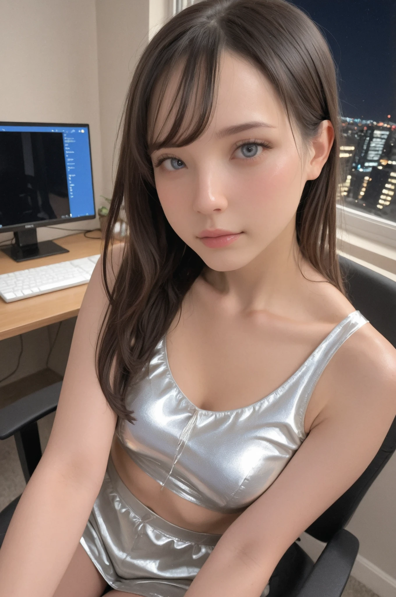 high quality, super resolution, masterpiece, Semitical style, Close up of a rebellious girl's face and shoulders, Satin top showing shoulders, Unrealistically smooth collarbone line, Exaggerately clear eyes, Perfectly symmetrical facial features, Slightly radiant skin texture, Artificially perfect makeup, Perfect hair texture like computer generated, Unrealistic night view reflection of the city from an apartment window, Unnaturally perfect lighting, Fashion ad style edit, Slight digital art feeling