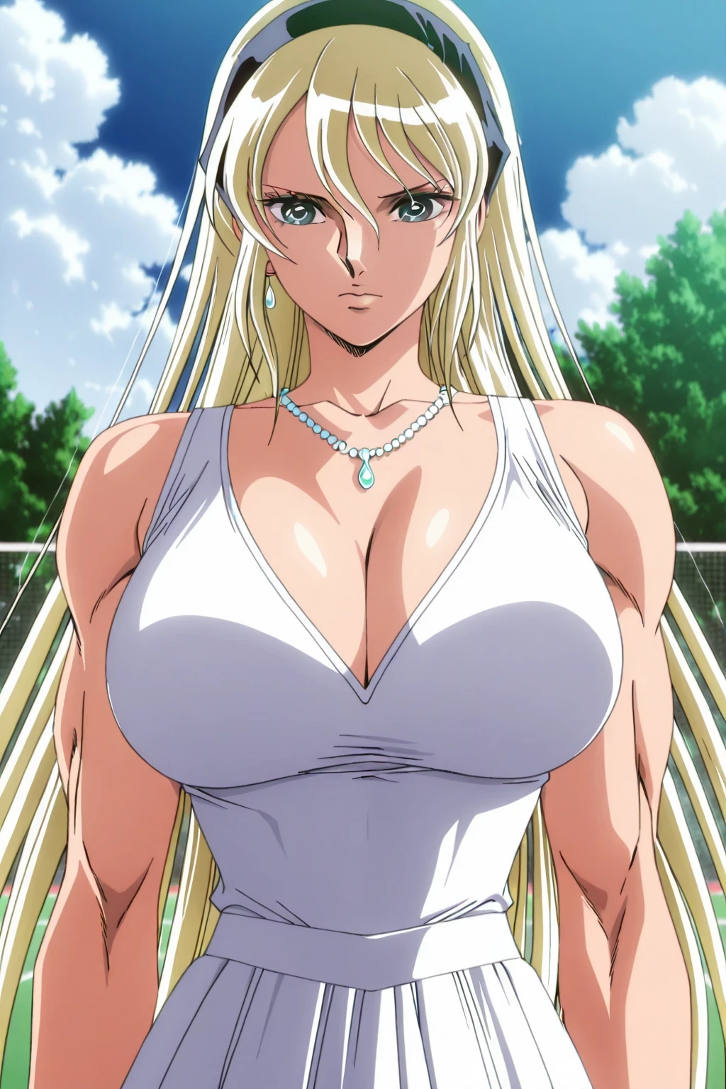 score 9 、score 8 up、score 7 up、source anime、傑作、best quality、best resolution、best image quality、anime coloring、1woman、katya、cool beauty、long hair anime woman is wearing a white tennis dress、solo、portrait of a beautiful anime style、anime beautiful woman、portrait of a anime woman、elegant anime woman、elegance anime woman、huge breasts、cleavage、very large breasts、large boobs、large tits、biceps、biceps long head、biceps short head、triceps、triceps medial head、triceps lateral head、triceps longhead、brachioradialis、deltoids、anterior deltoids、middle deltoids、posterior deltoids、thigh muscles、semitendinosus muscles、hamstrings、adductor magnus muscles、collarbone、trapezius、(blonde hair:1.5)、Hair between the eyes、睫毛、very long hair、green eyes、jewelry necklace、jewelry earrings、black hairband、anime woman is wearing a white tennis dress、portrait of a anime woman、elegant atmosphere、elegance atmosphere、outfit:white tennis one piece、no sleeve、bare shoulders、bare arms、woman is wearing a white tight skirt、anime female character、cool anime woman、very tall woman、basic tennis one piece、tennis one piece with an white、toned body、tennis one piece sleeve with an no sleeve、attractive anime woman、portrait of a anime woman、portrait of a detailed anime woman、anime screencap、anime screenshot、portrait of a anime woman、portrait of a anime woman、王女としての王様賛美歌、looking at viewer、cowboy shot、female focus、outdoor、Tennis court、muscles training、battle training、girl poses dynamically、combat posture、 saint seiya style、