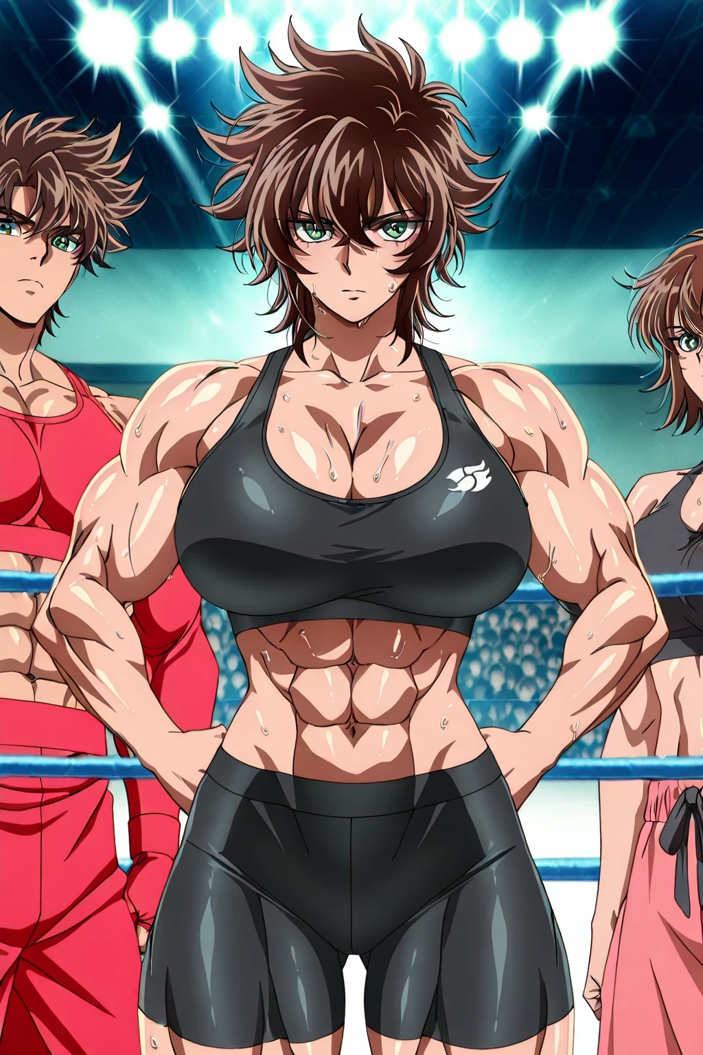 score 9 、score 8 up、score 7 up、source anime、傑作、best quality、best resolution、best image quality、anime coloring、1woman、Erda 、brave woman、愚かな、gym、solo、fit woman、筋肉質の!!、official anime style、筋肉質の!、anime cool woman、muscular woman、work out、brave anime woman、seductive anime woman、huge breasts、cleavage、very large breasts、large boobs、large tits、trapezius、navel、midriff、abs、stomach、biceps、biceps long head、biceps short head、triceps、triceps medial head、triceps lateral head、triceps longhead、brachioradialis、deltoids、anterior deltoids、middle deltoids、posterior deltoids、covered gluteus、thigh muscles、semitendinosus、hamstrings、adductor magnus muscles、collarbone、trapezius、Muscle sweat、(dark brown hair:1.5)、short hair、Hair between the eyes、green eyes、messy hair、spiked hair、portrait of a woman、brave atmosphere、brave atmosphere、outfit:black sports bra、very tall woman、woman is wearing a bike shorts、IGモデル | ArtGermは、sports bra with an black、bike shorts with an black、strong muscles、attractive anime woman、tight sports bra、tight bike shorts、portrait of a anime woman、portrait of a detailed anime woman、anime screencap、anime screenshot、portrait of a anime woman、portrait of a anime woman、sports bra and bike shorts only、muscles training、battle training、王女としての王様賛美歌、muscular and strong、looking at viewer、cowboy shot、female focus、Masculine women、Manly muscles、indoor、gym、wrestling ring、girl poses dynamically、combat posture、 saint seiya style、