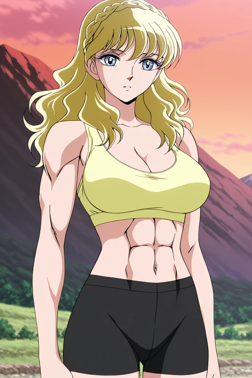 score 9 、score 8 up、score 7 up、source anime、傑作、best quality、best resolution、best image quality、anime coloring、1girl、mii、anime girl with blue eyes and long blonde hair、solo、girl、portrait of change ta、blonde hair、long hair、blue eyes、french braid、crown braid、classic girl、Girl Romance、beautiful anime Girl standing、Colored Sketches Anime Manga Panels、2010s anime art style、big breasts、cleavage、large breasts、large boobs、yellow sports bra、black bike shorts、 change、elegant atmosphere、slender body、screen cap、deltoids、navel、midriff、abs、stomach、biceps、triceps、brachioradialis、official anime art style、basic sports bra、bare shoulders、bare arms、bare thighs、made by bow water art style、tight sports bra、tight bike shorts、sports bra and bike shorts only、Enchanting anime girl、anime screencap、anime screenshot、looking at viewer、cowboy shot、girl focus、high quality color sketch、made by bow water art style、plain sports bra、(anime girl)、portrait of a beautiful animationh、an anime girl、elegant anime girl、beautiful anime girl、created by Anime Painter Studio、アニメチンコ!!!!、painted in the anime artist studio、real anime art style、digital anime art!!、girl focus、standing、outdoors、Mountain trail、muscles training、battle training、girl poses dynamically、combat posture、saint seiya style、