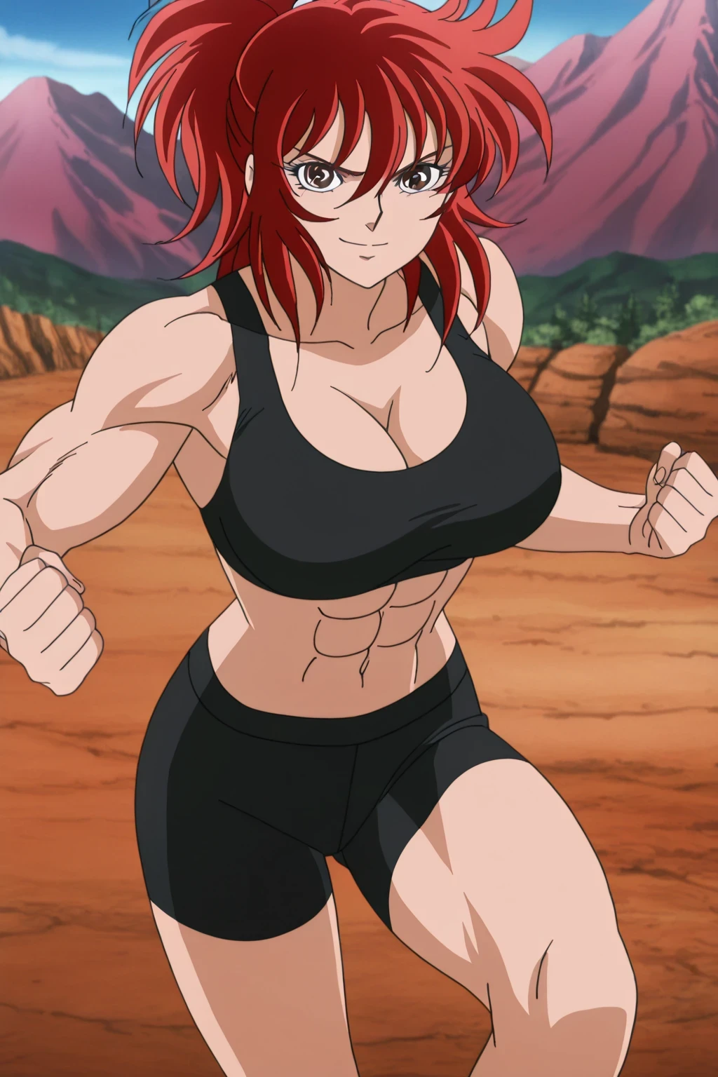 score 9 , score 8 up, score 7 up, source anime, 傑作, best quality, best resolution, best image quality, anime coloring, 1girl, shouko, red haired anime girl, solo, classic girl, Vibrant, girl, created by Anime Painter Studio, handsome, Girl Romance, brave, anime style, ponytail hair, medium hair, Hair between the eyes, red hair, A faint smile, bangs, brown eyes, visual Novel, official anime art style, Colored Sketches Anime Manga Panels, handsome atmosphere, muscular girl, 2010s anime art style, , cleavage, , large , collarbone, trapezius, anime comic, painted in the anime artist studio, アニメ調で, 女性的で筋肉質, screen cap, outfit:pitch black sports bra, girl is wearing a pitch black bike shorts, アニメ!!!!, portrait of a beautiful animationh, tight sports bra, tight bike shorts, deltoids, navel, midriff, abs, stomach, biceps, triceps, brachioradialis, hamstrings, adductor magnus muscles, painted in the anime artist studio, plain sports bra, real anime art style, digital anime artstyle!!, basic sports bra,  shoulders,  arms,  legs, sports bra and bike shorts only, made by bow water art style, Enchanting anime girl, anime screencap, anime screenshot, looking at viewer, cowboy shot, girl focus, standing, outdoors, Mountain trail, tomboy atmosphere, a manly girl, boyish atmosphere, muscles training, battle training,  girl poses dynamically,  combat posture, saint seiya style,

