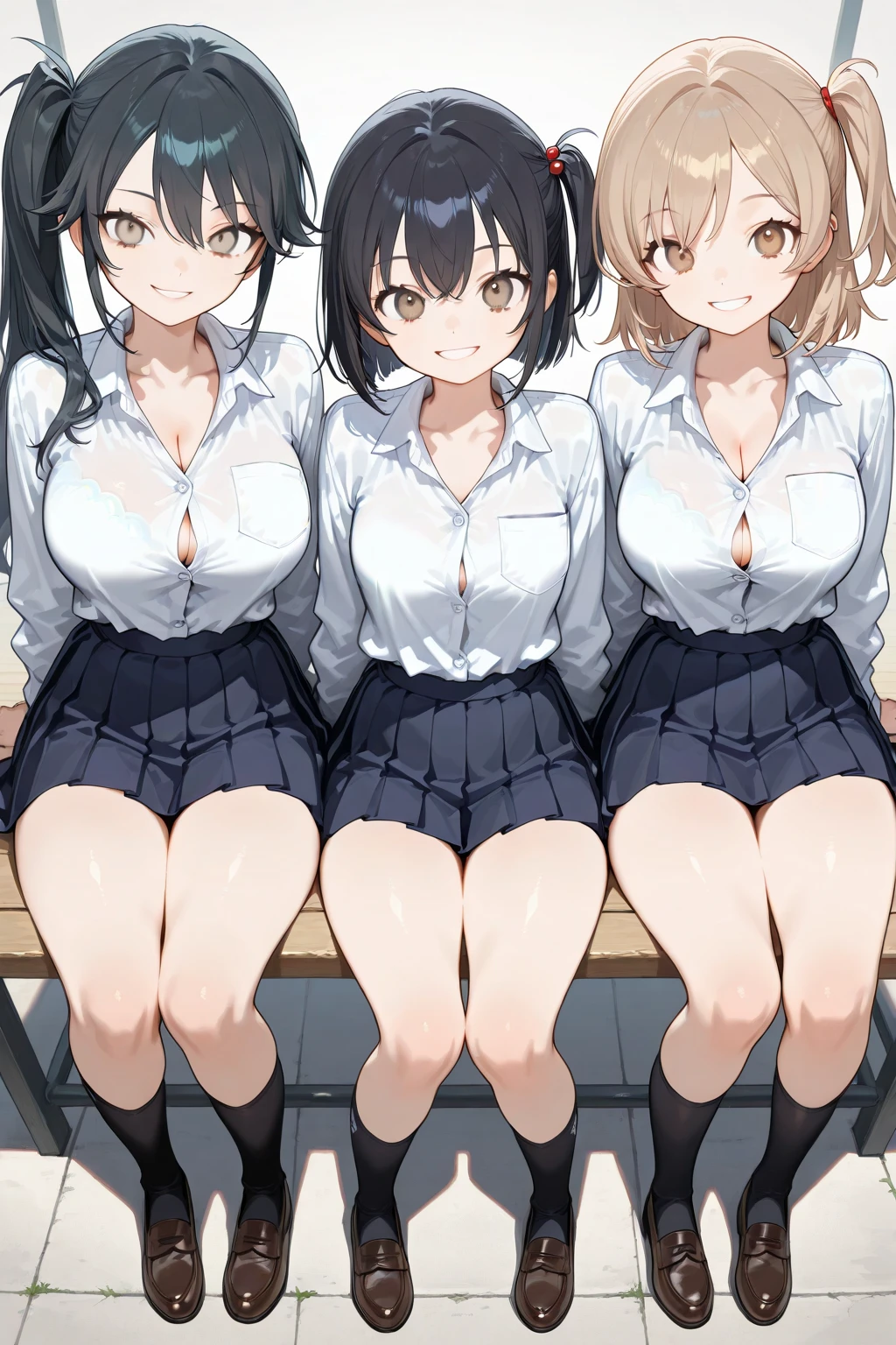 Three half-naked schoolgirls taking photos in front of a mirror,((stare to viewer)), ((love to viewer)),