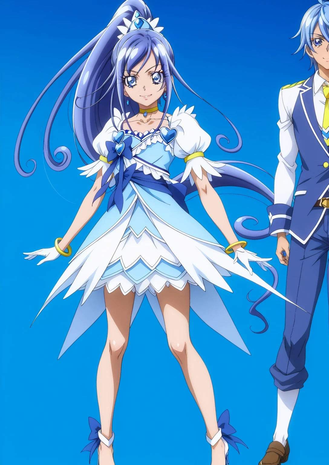 score 9 、score 8 up、score 7 up、source anime、傑作、Best quality、Best resolution、Best image quality、anime coloring、anime screencap、anime screenshot、official style、official art、1boy、cure diamond is a boy、(manly face:1.5)、blue haired male character is wearing a blue dress、high long ponytail hair、dia shape hair ornament、solo、portrait of magical boy、boy is wearing a white and blue dress、portrait of a solo、long legs、heavenly aura、the blue ice aura、white and blue skirt、mini skirt、high cut skirt、yellow neckwear、heart brooch、yellow choker、collarbone、white puffy sleeves、Symmetrical puffy sleeves、white gloves、yellow bracelet、blue waist bow、bare thighs、bare legs、white high heels、Symphogear art style、long blue haired boy、sapphire prince、official anime art style、style of magical boy、masculinization、((cure diamond outfit))、magical boy、official anime artwork、official anime style、Best resolution、perfect outfit、sparkling magical boy、(manly:1.5)、sparking blue eyes、perfect body、trapezius、perfect hands、perfect arms、perfect perfect legs、covered pectoralis major、arm muscles、thigh muscles、semitendinosus muscles、hamstrings、adductor magnus muscles、male focus、looking at viewer、solo focus、cowboy shot、(male body:1.5)、 beefcake style、 blue background、female blue panty、bare crotch、basic design female panty、female blue panty underneath white and blue mini skirt、detailed outfit、bulge medium underneath female panty、I can see female blue panty、showing female blue panty、skirt lift、