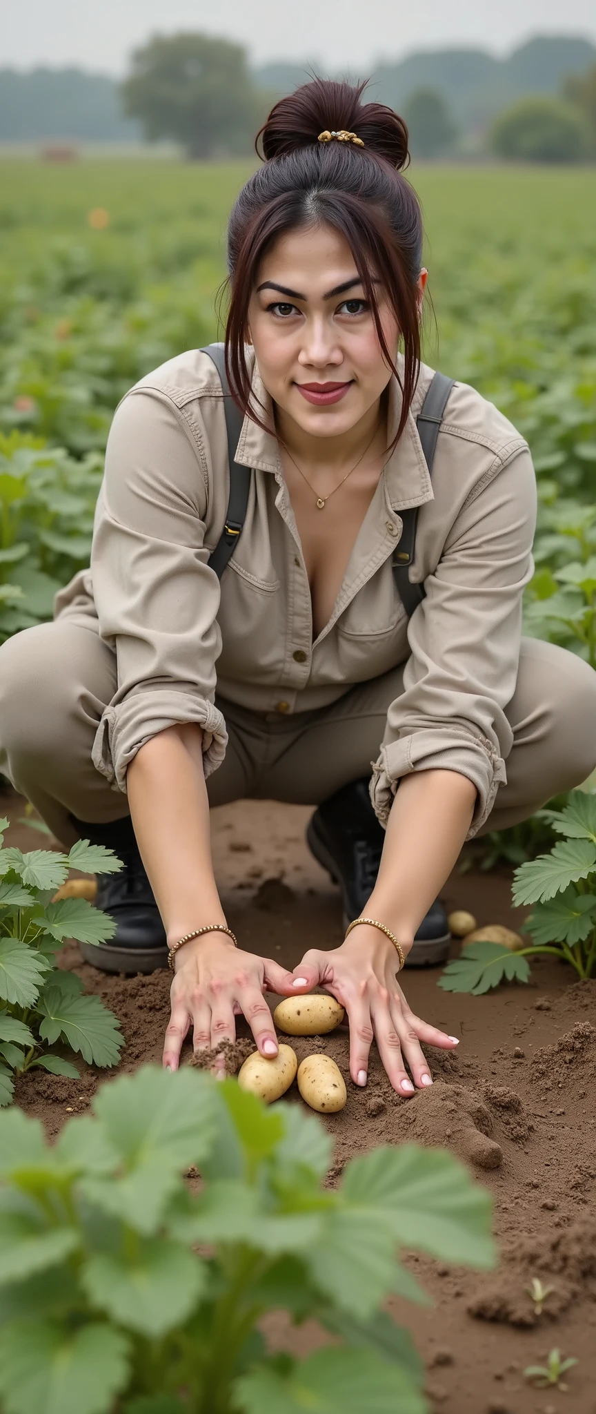 A tall, curvy, fair-skinned woman is seen pulling potatoes in her potato field, her hair tied in a messy bun. She is seen smiling at the camera and focusing on the subject.