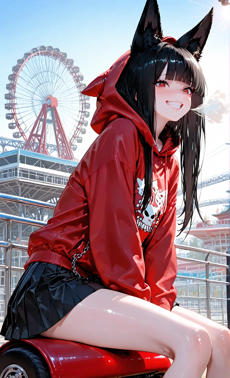 ultra-detailed, RAW photo, high quality, cute petite girl <Akakitsune>, soft fox ears, sparkling ruby red eyes, flowing long black hair, straight-cut bangs, sharp detailed eyes filled with excitement, radiant smooth skin, vibrant red cropped hoodie with fox ears on the hood, black pleated skirt with decorative chains, extremely wide smile showing white teeth, both hands gripping the roller coaster safety bar, roller coaster positioned at the topmost point of the track preparing for a steep dive, front view perspective of the roller coaster, panoramic view of the entire amusement park in background, ferris wheel and other attractions visible in the distance, clear blue cloudless sky, golden sunlight creating a perfect day atmosphere