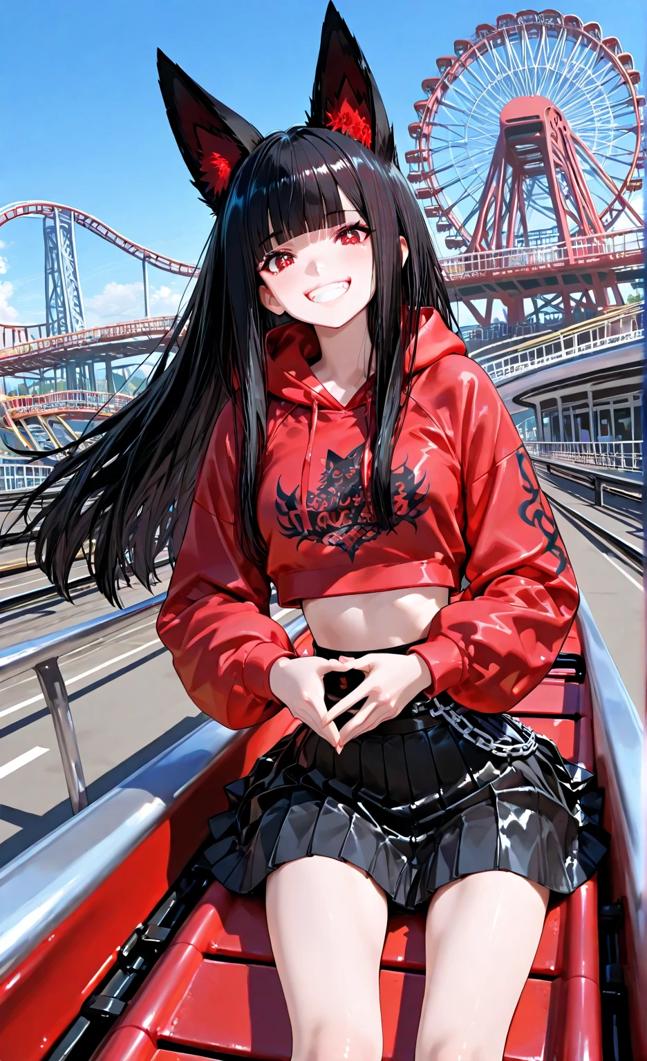 ultra-detailed, RAW photo, high quality, cute petite girl <Akakitsune>, soft fox ears, sparkling ruby red eyes, flowing long black hair, straight-cut bangs, sharp detailed eyes filled with excitement, radiant smooth skin, vibrant red cropped hoodie with fox ears on the hood, black pleated skirt with decorative chains, extremely wide smile showing white teeth, both hands gripping the roller coaster safety bar, roller coaster positioned at the topmost point of the track preparing for a steep dive, front view perspective of the roller coaster, panoramic view of the entire amusement park in background, ferris wheel and other attractions visible in the distance, clear blue cloudless sky, golden sunlight creating a perfect day atmosphere