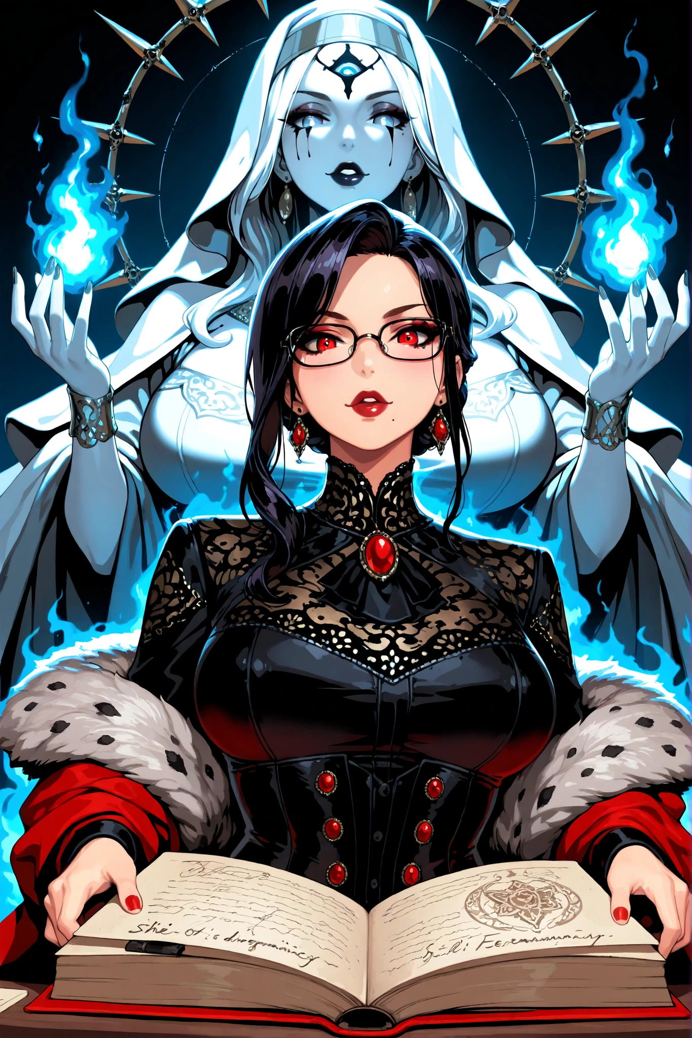 1beautiful and elegant mature virgin woman with sacred aura that never had a relationship or intimacy with a single man and does not interest in relationship with anyone known as virgin headmistress and teacher and mentor of victorian era but she has extremely voluptuous beauty in her face with deep cold and lovely and also serious gaze that turns people on and excited,fantasy,fluffy long black hair,large breasts,glasses,victorian,necromancy shawl,holding necromancer book,simple background,from front,upper body,looking at viewer,projected inset,(ink),masterpiece, best quality, ultra-detailed, high resolution, 8k, finely detailed, intricate details,sharp focus,perfect anatomy, detailed clothes, she is eternally a great virgin teacher of virgins and those who devote to her must remain virgin forever, mindblowing and enchanting image with taste of beauty and elegance like a goddess and necromancer and enchantress, the art of witchcrafting and spell is in middle stage, her inside is a power of evil necromancy, her outfit shows she is a queen with supermodel bodyshape and extravagance beauty and opulence and rich looking outfit that this outfit shows that she is from celestial beings, view from below as she look at you with very cold and very serious gaze, her gaze shows she is scarlet, her gaze and posture shows she is mighty and sexy and powerful and hot in every angle but she stands straight up like a modest and dignified queen or maybe she is a queen, she is known as scarlet lady, she holds two eyes that taken out of an eye suckets of a human in one hand to let you fear and respect her, remember that she does not belong in this world because she is from celestial realm and her outfit shows this