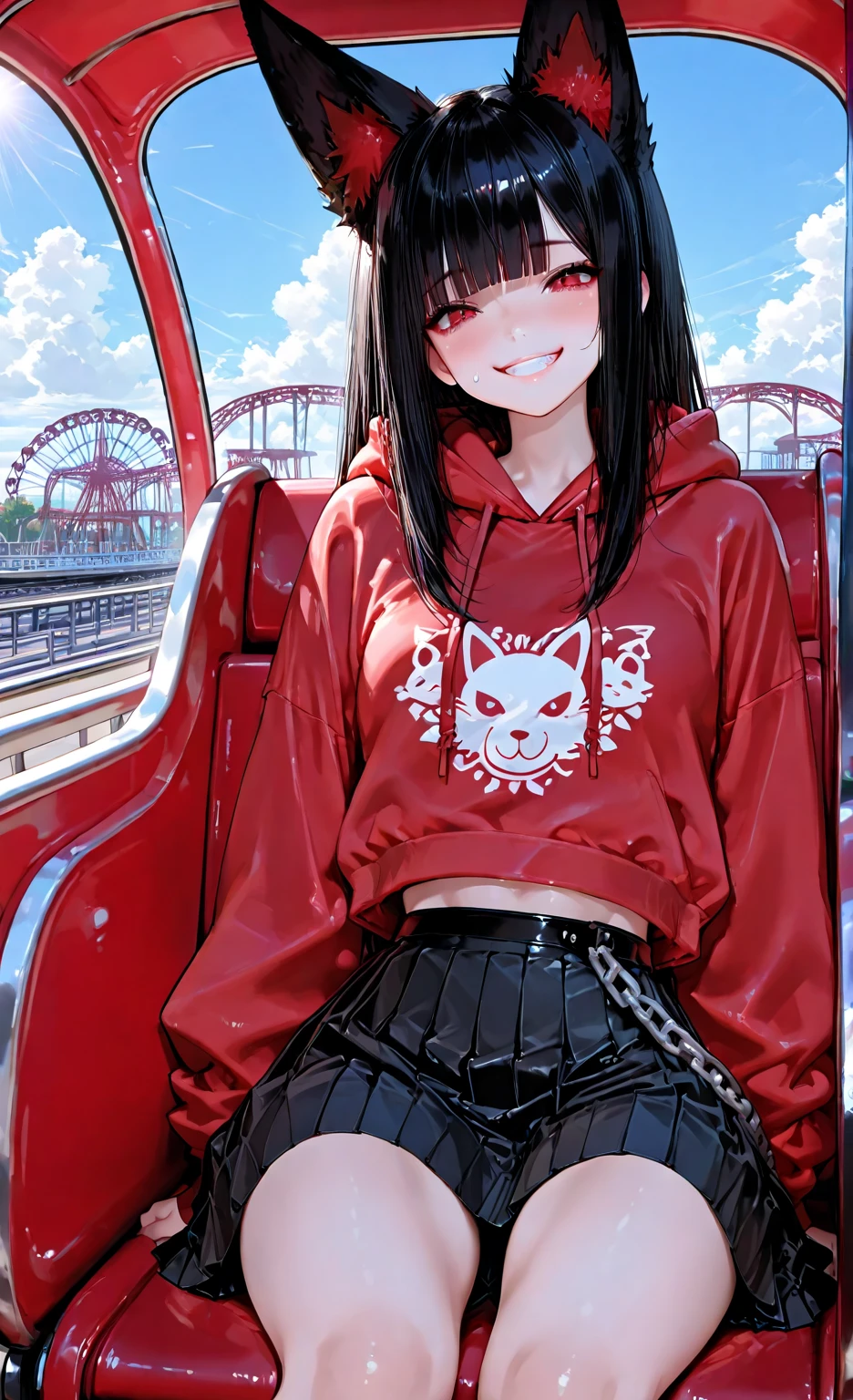ultra-detailed, RAW photo, high quality, cute petite girl <Akakitsune>, soft fox ears, sparkling ruby red eyes, flowing long black hair, straight-cut bangs, sharp detailed eyes filled with excitement, radiant smooth skin, vibrant red cropped hoodie with fox ears on the hood, black pleated skirt with decorative chains, extremely wide smile showing white teeth, both hands gripping the roller coaster safety bar, roller coaster positioned at the topmost point of the track preparing for a steep dive, front view perspective of the roller coaster, panoramic view of the entire amusement park in background, ferris wheel and other attractions visible in the distance, clear blue cloudless sky, golden sunlight creating a perfect day atmosphere