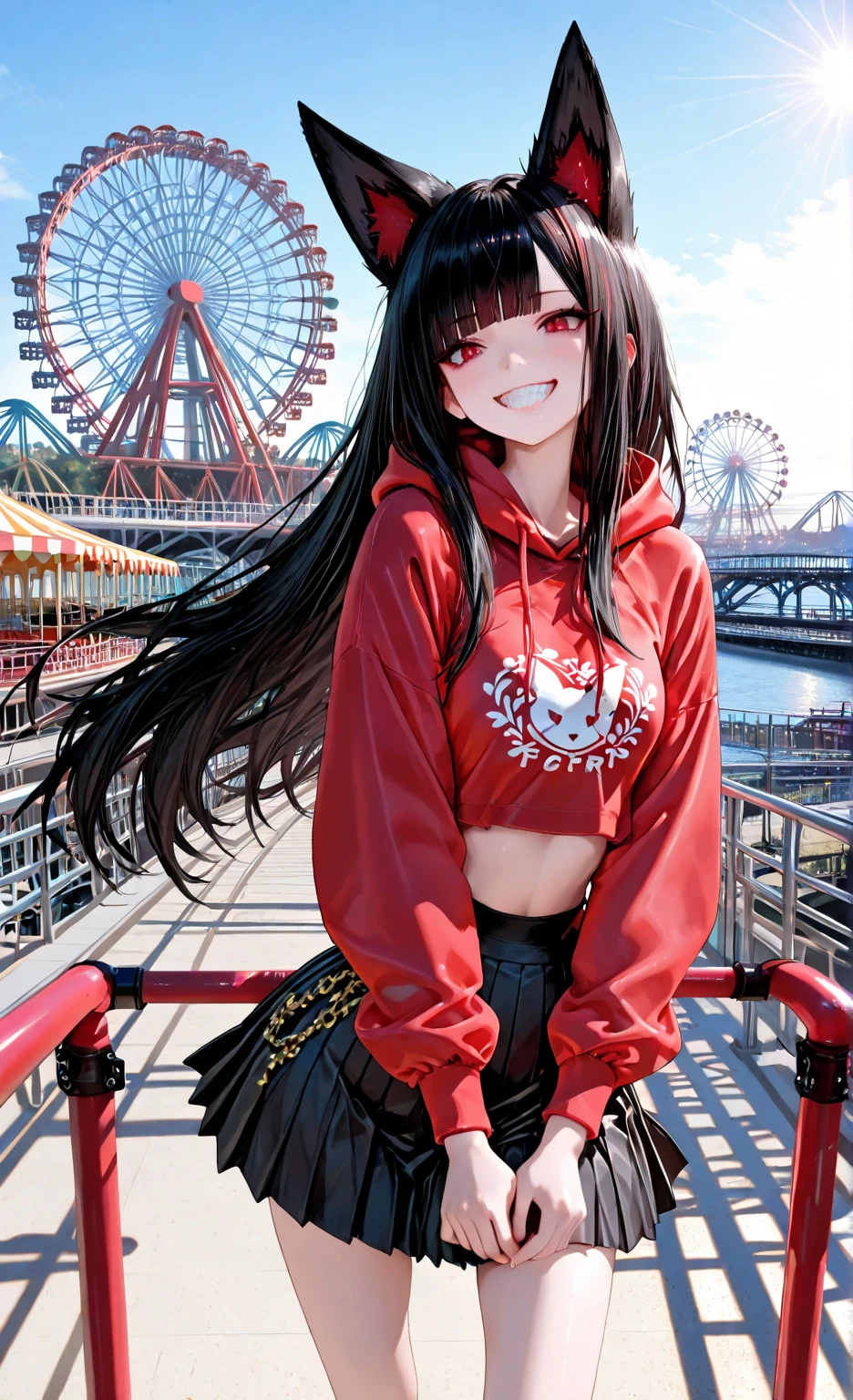 ultra-detailed, RAW photo, high quality, cute petite girl <Akakitsune>, soft fox ears, sparkling ruby red eyes, flowing long black hair, straight-cut bangs, sharp detailed eyes filled with excitement, radiant smooth skin, vibrant red cropped hoodie with fox ears on the hood, black pleated skirt with decorative chains, extremely wide smile showing white teeth, both hands gripping the roller coaster safety bar, roller coaster positioned at the topmost point of the track preparing for a steep dive, front view perspective of the roller coaster, panoramic view of the entire amusement park in background, ferris wheel and other attractions visible in the distance, clear blue cloudless sky, golden sunlight creating a perfect day atmosphere