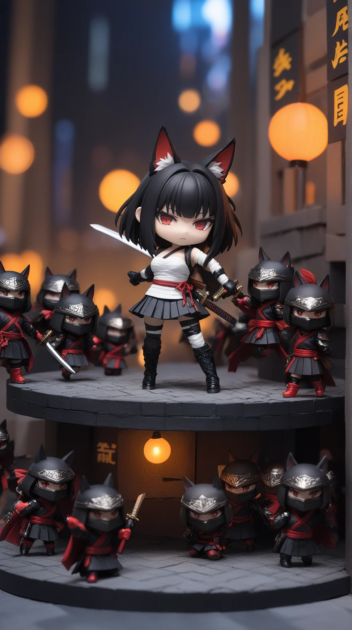(chibi:1.3), A girl wielding a Japanese sword with a serious expression,fox_ears, red_eyes, long_black_hair, blunt_bangs, white_sarashi_top, japanese_open_clothes, black_pleated_mini_skirt, bandaged_arm, black_gloves, bandaged_leg, black_pantyhose, black_boots_footwear, neon street diorama