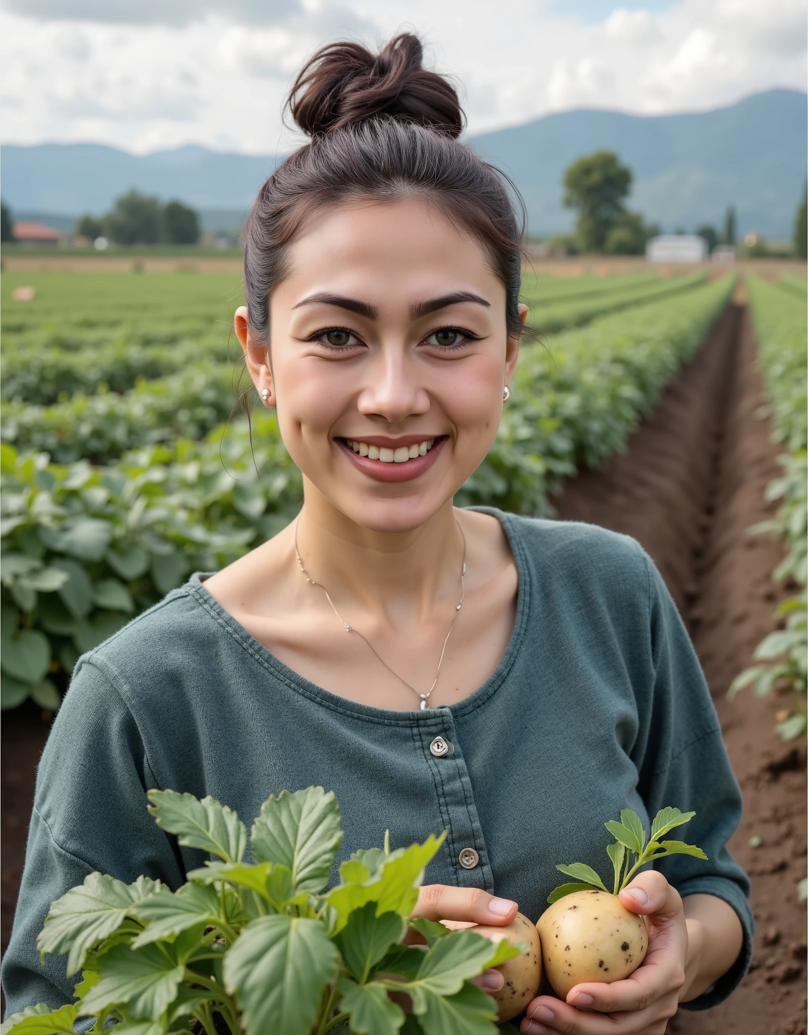 A tall, curvy, fair-skinned woman is seen pulling potatoes in her potato field, her hair tied in a messy bun. She is seen smiling at the camera and focusing on the subject.