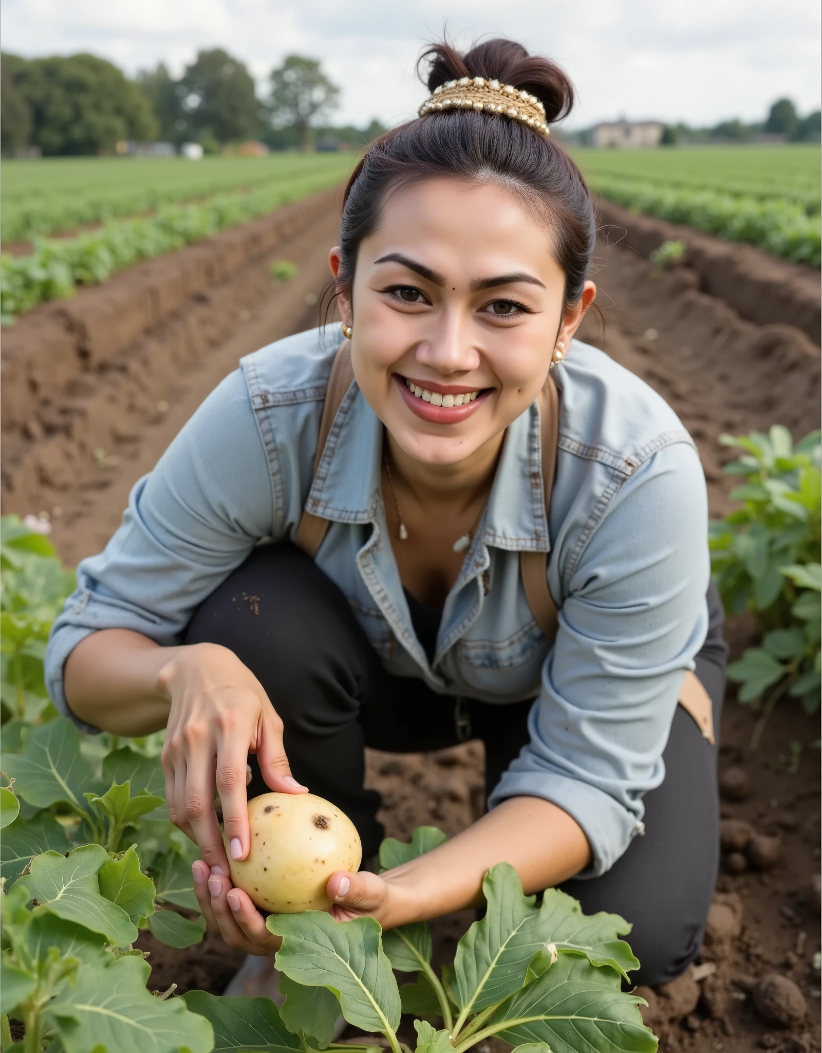 A tall, curvy, fair-skinned woman is seen pulling potatoes in her potato field, her hair tied in a messy bun. She is seen smiling at the camera and focusing on the subject.